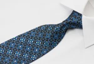 Manhatten Rhinestone Necktie Silver Foulard Pattern On Blue With Silver Sparkles