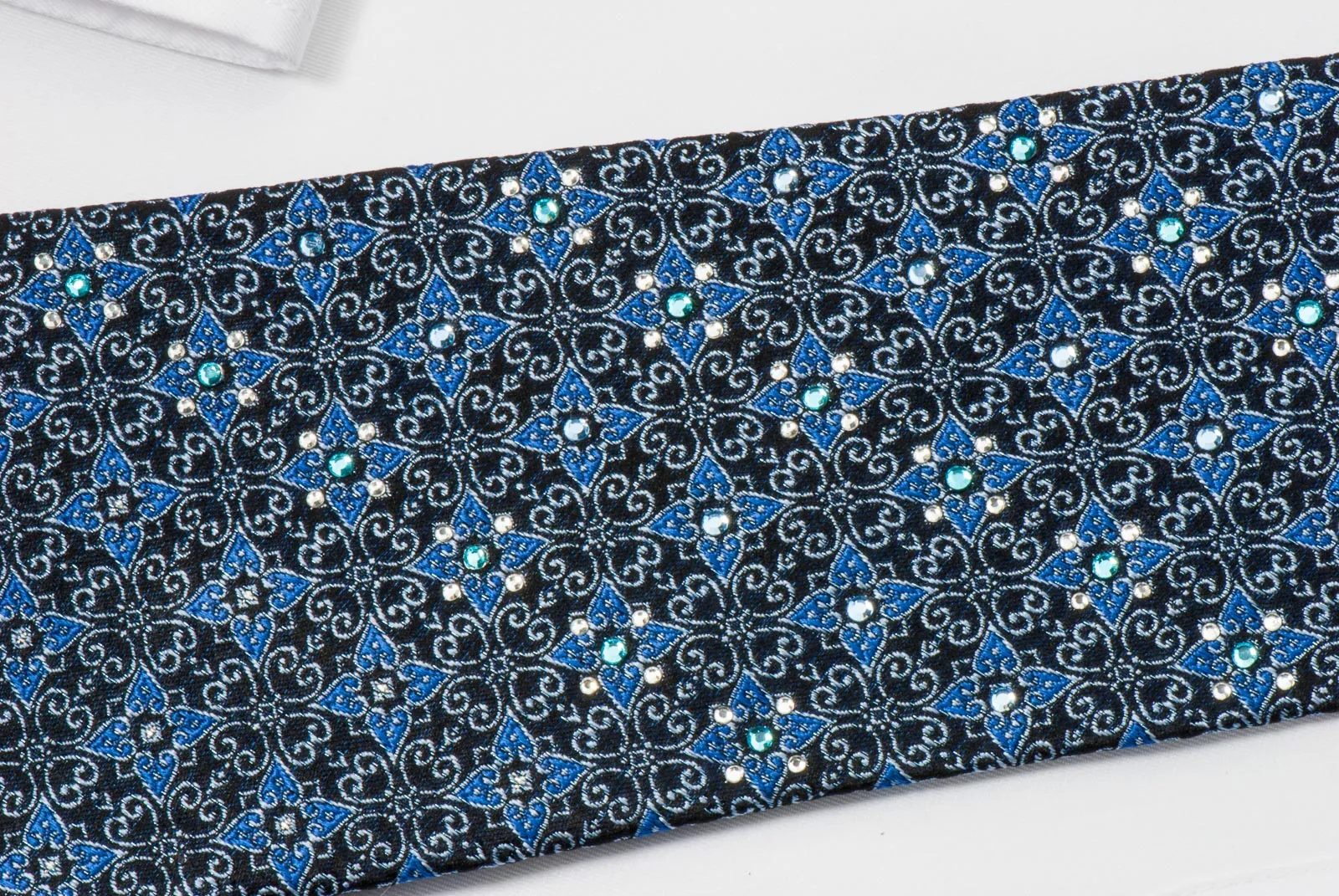 Manhatten Rhinestone Necktie Silver Foulard Pattern On Blue With Silver Sparkles