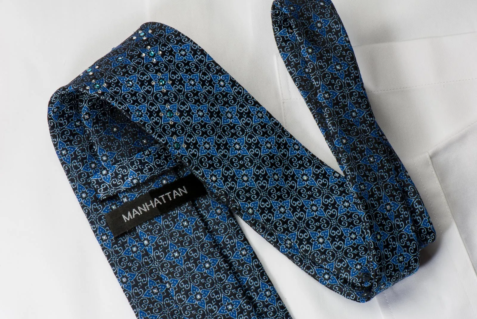 Manhatten Rhinestone Necktie Silver Foulard Pattern On Blue With Silver Sparkles