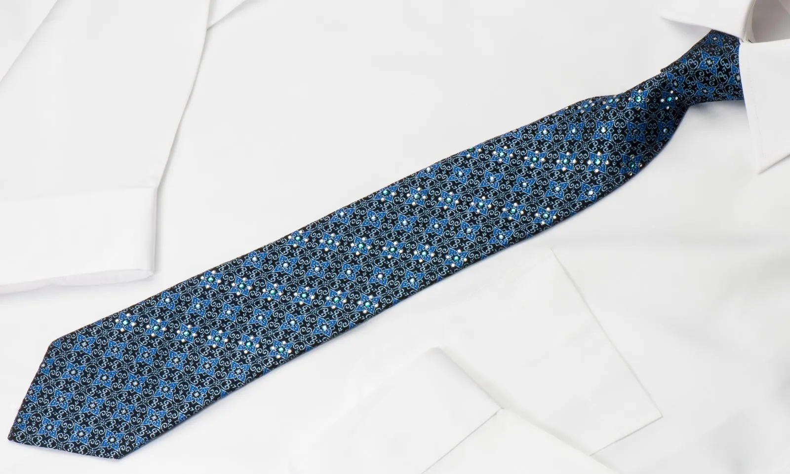 Manhatten Rhinestone Necktie Silver Foulard Pattern On Blue With Silver Sparkles