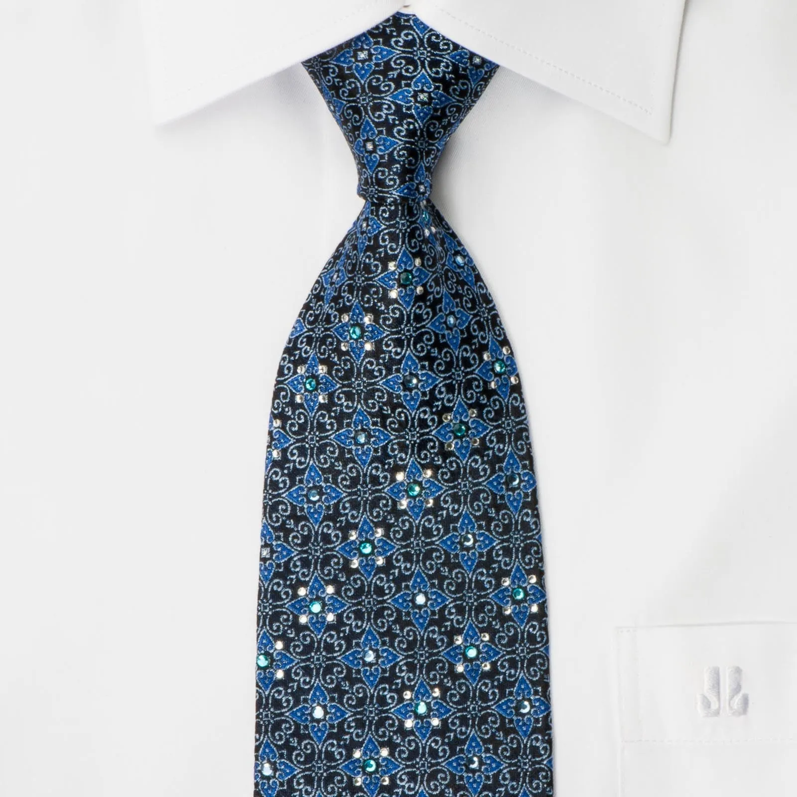 Manhatten Rhinestone Necktie Silver Foulard Pattern On Blue With Silver Sparkles