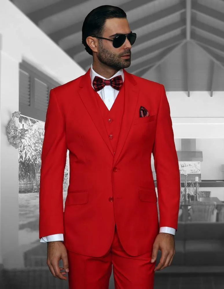 Men's 3 Piece Tailored Fit Wool Suit by Statement-Red