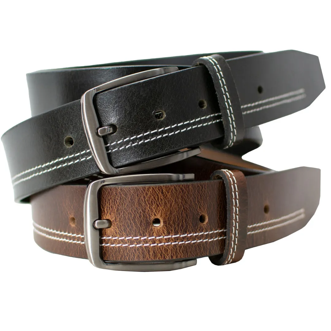 Millennial Black Stitched and Brown Stitched Leather Belt Set by Nickel Zero®