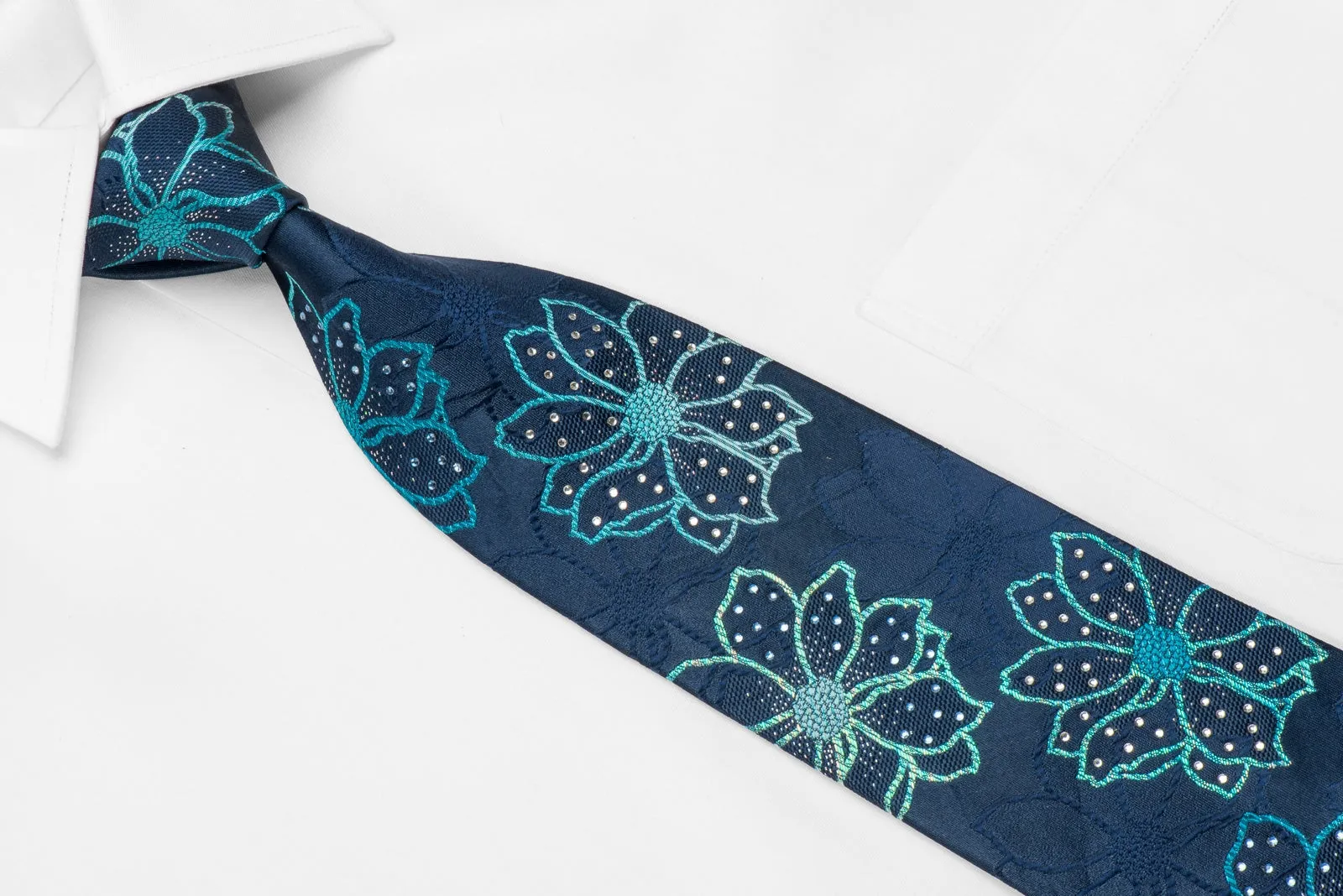 OVO Classic Men's Crystal Silk Necktie Floral On Blue With Silver Sparkles