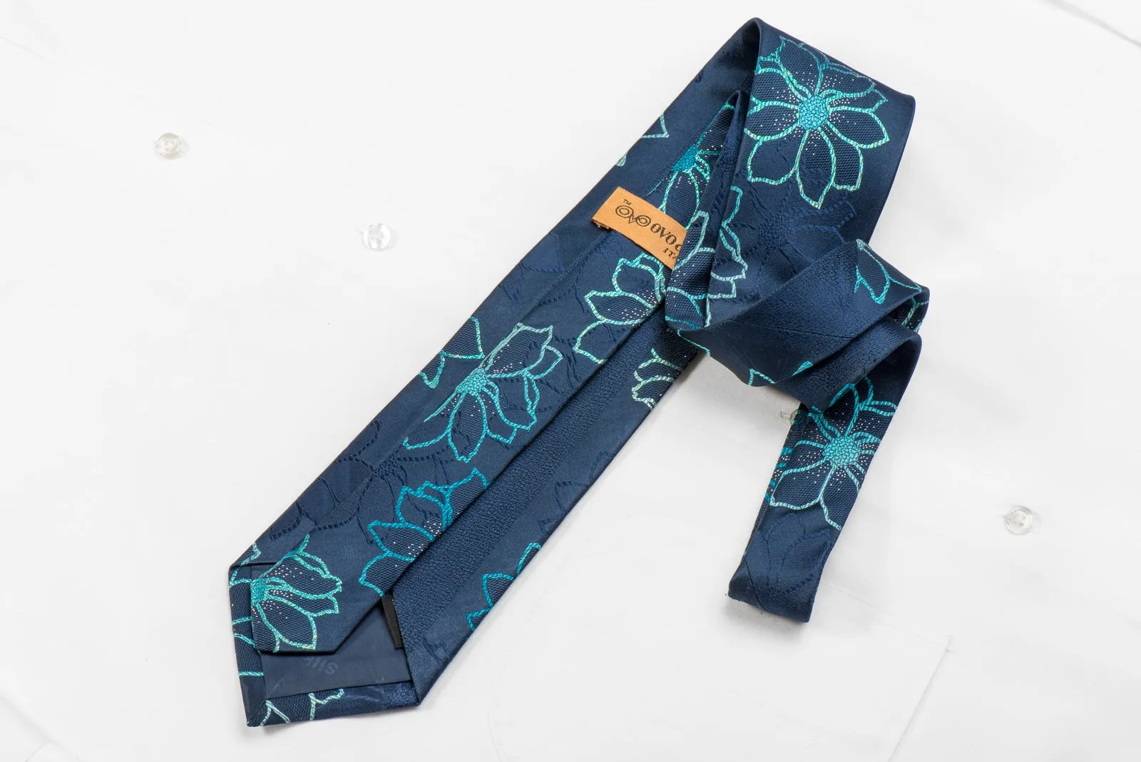 OVO Classic Men's Crystal Silk Necktie Floral On Blue With Silver Sparkles