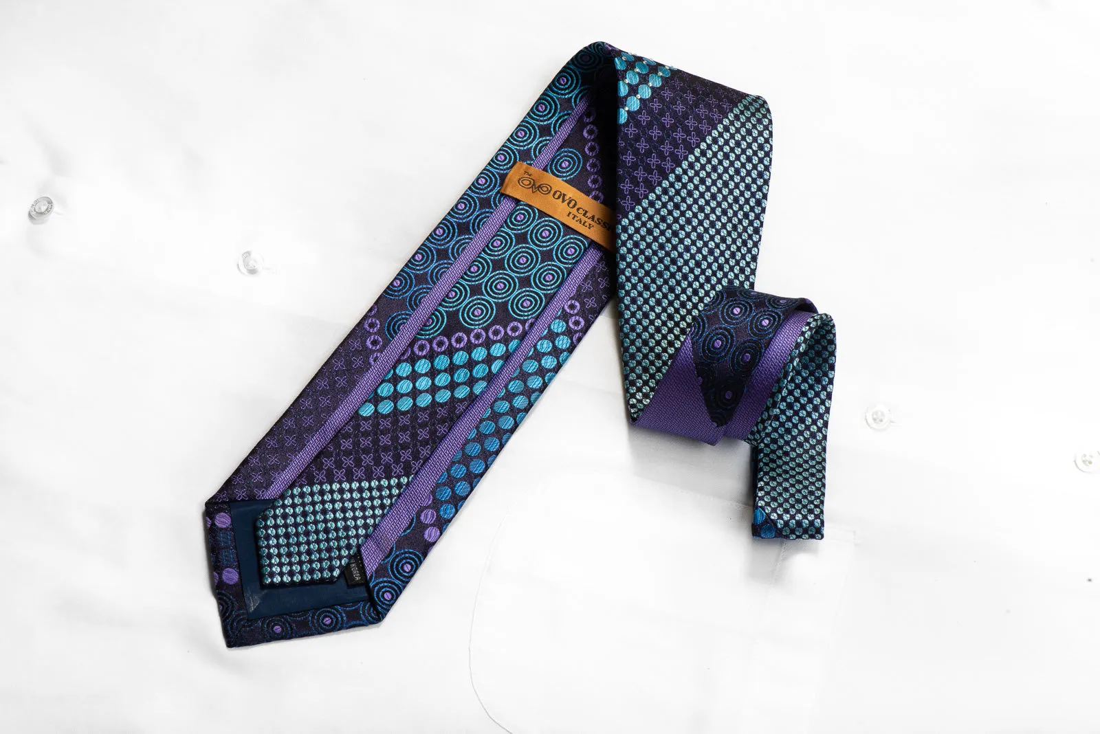 OVO Classic Rhinestone Necktie Blue Purple Geometric On Navy With Sparkles