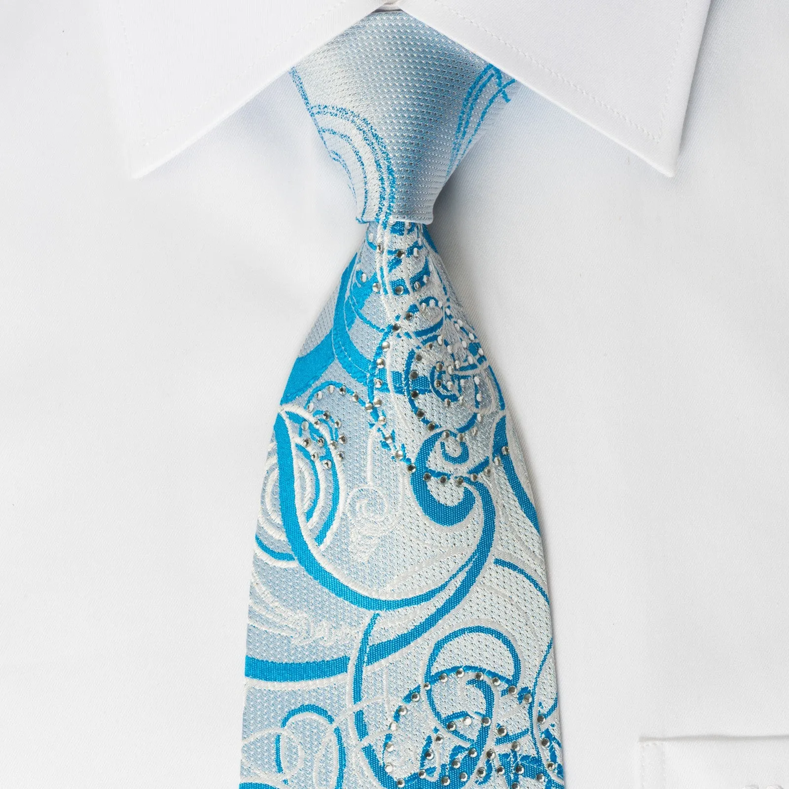 OVO Classic Silk Rhinestone Neckties Scrolls On Blue With Silver Sparkles