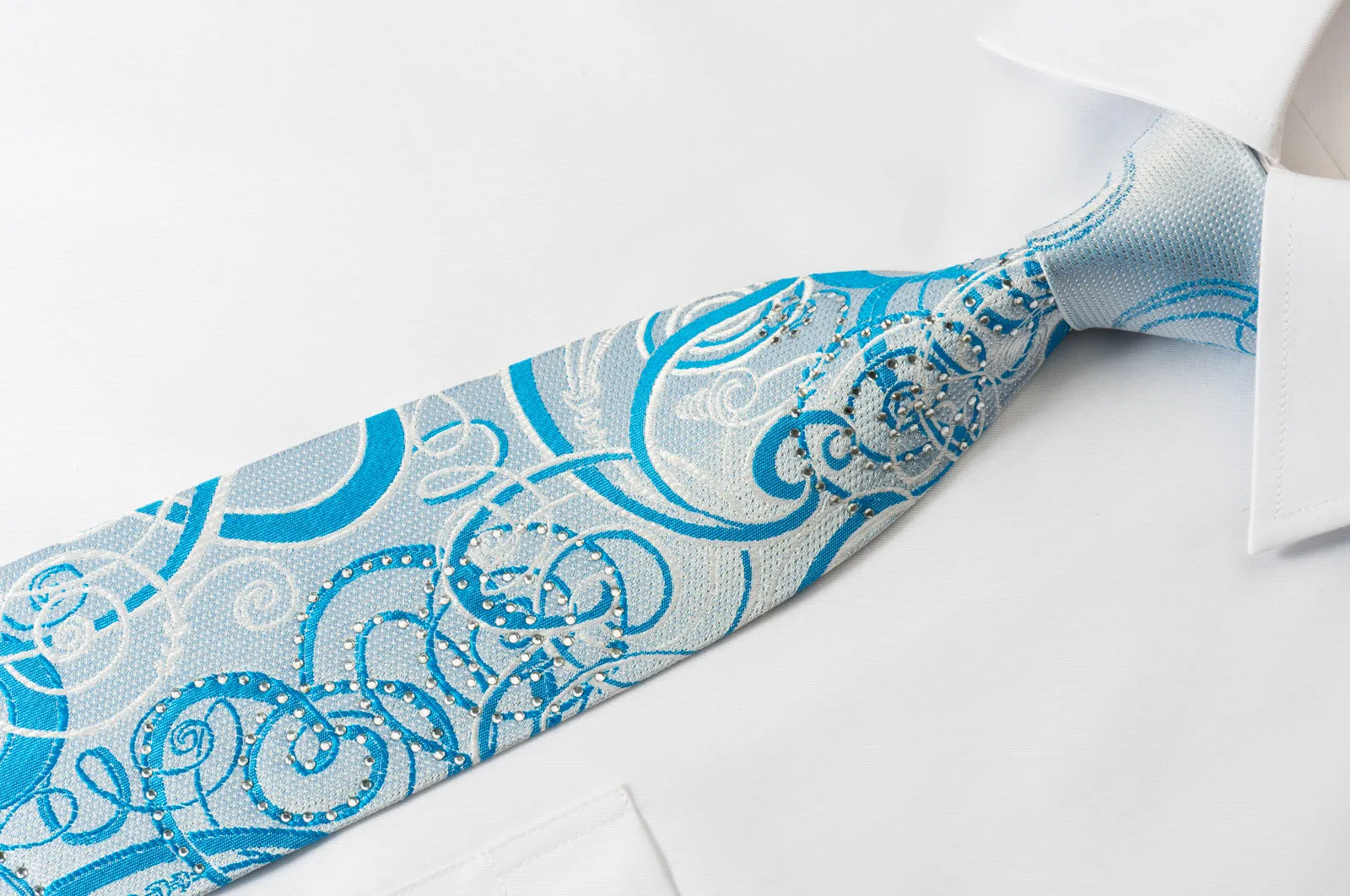 OVO Classic Silk Rhinestone Neckties Scrolls On Blue With Silver Sparkles