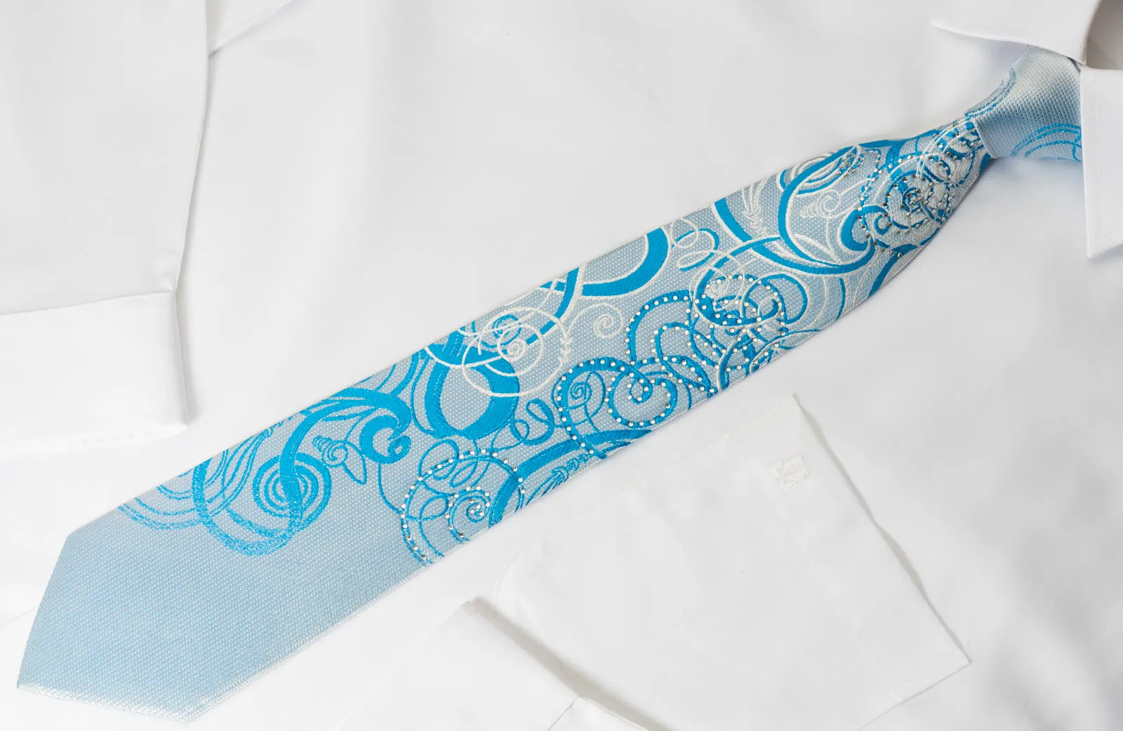 OVO Classic Silk Rhinestone Neckties Scrolls On Blue With Silver Sparkles