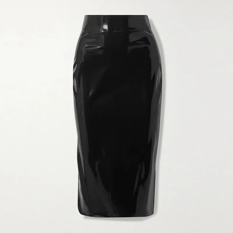 Patent Leather Full Zip High Waist Knee Length Midi Skirt