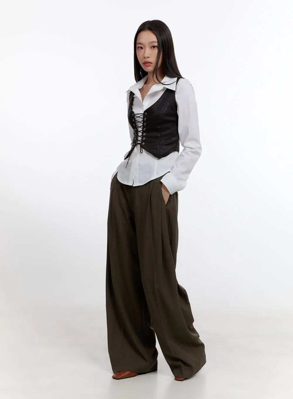 Pintuck Wide Fit Tailored Pants CN420