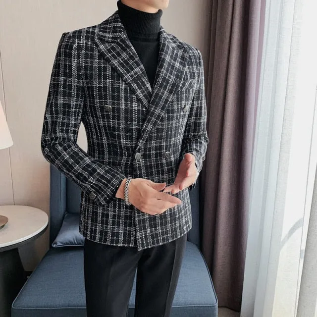 Plaid Double-Breasted Polyester Blazers