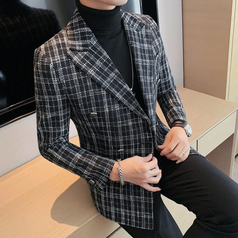 Plaid Double-Breasted Polyester Blazers