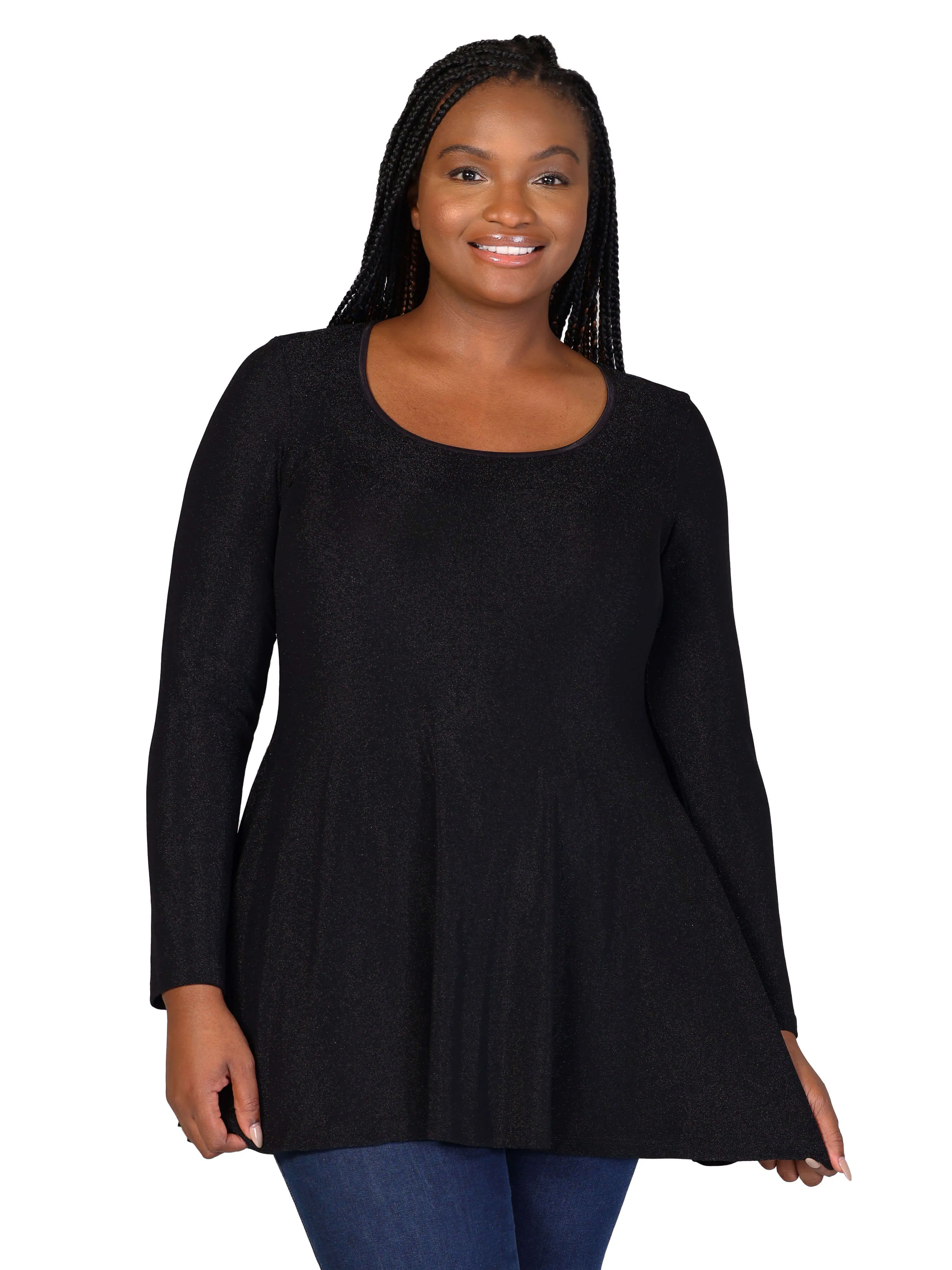 Plus Size Scoop Neck Long Sleeve Shimmery Fabric Tunic Top