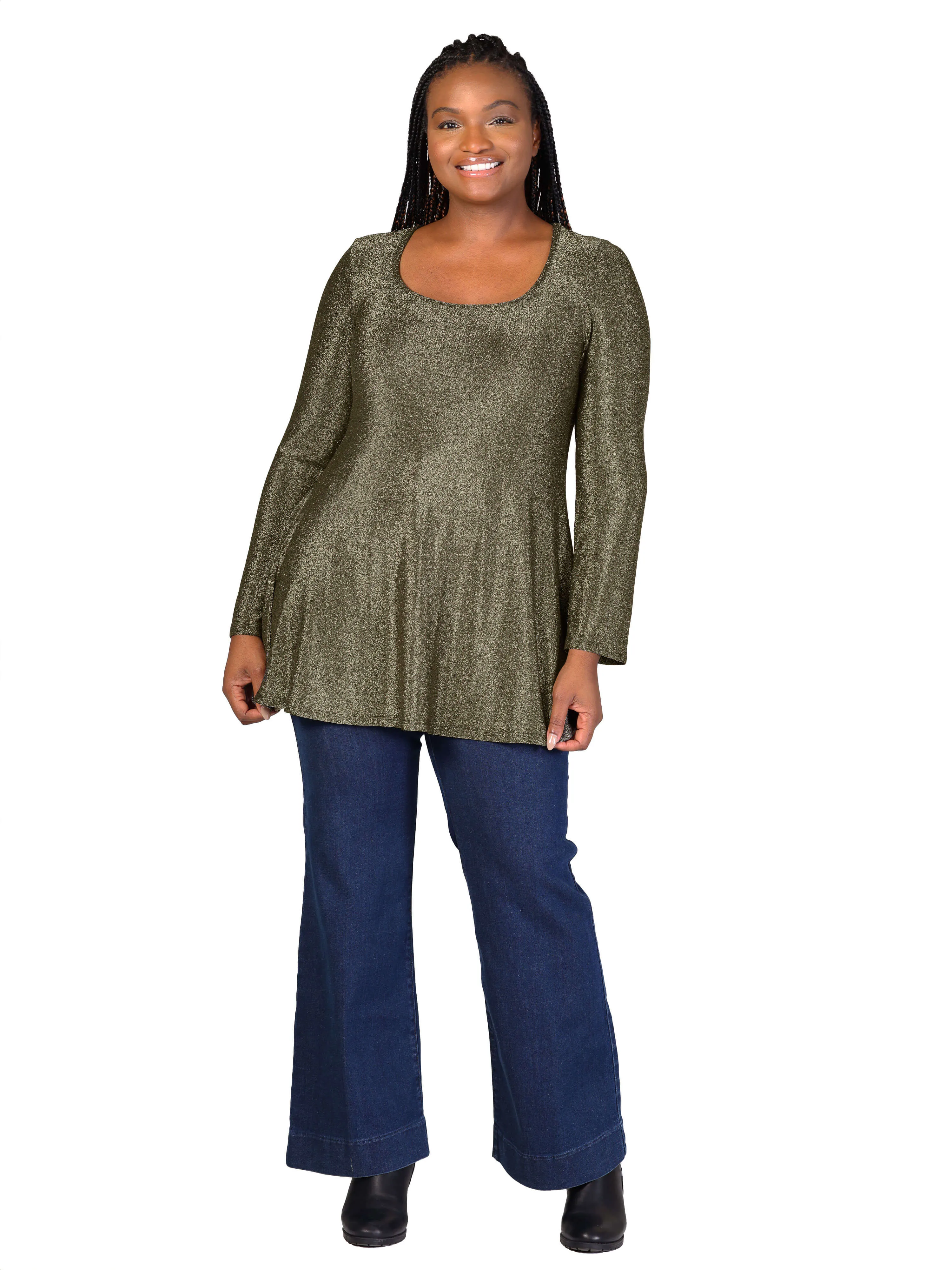 Plus Size Scoop Neck Long Sleeve Shimmery Fabric Tunic Top