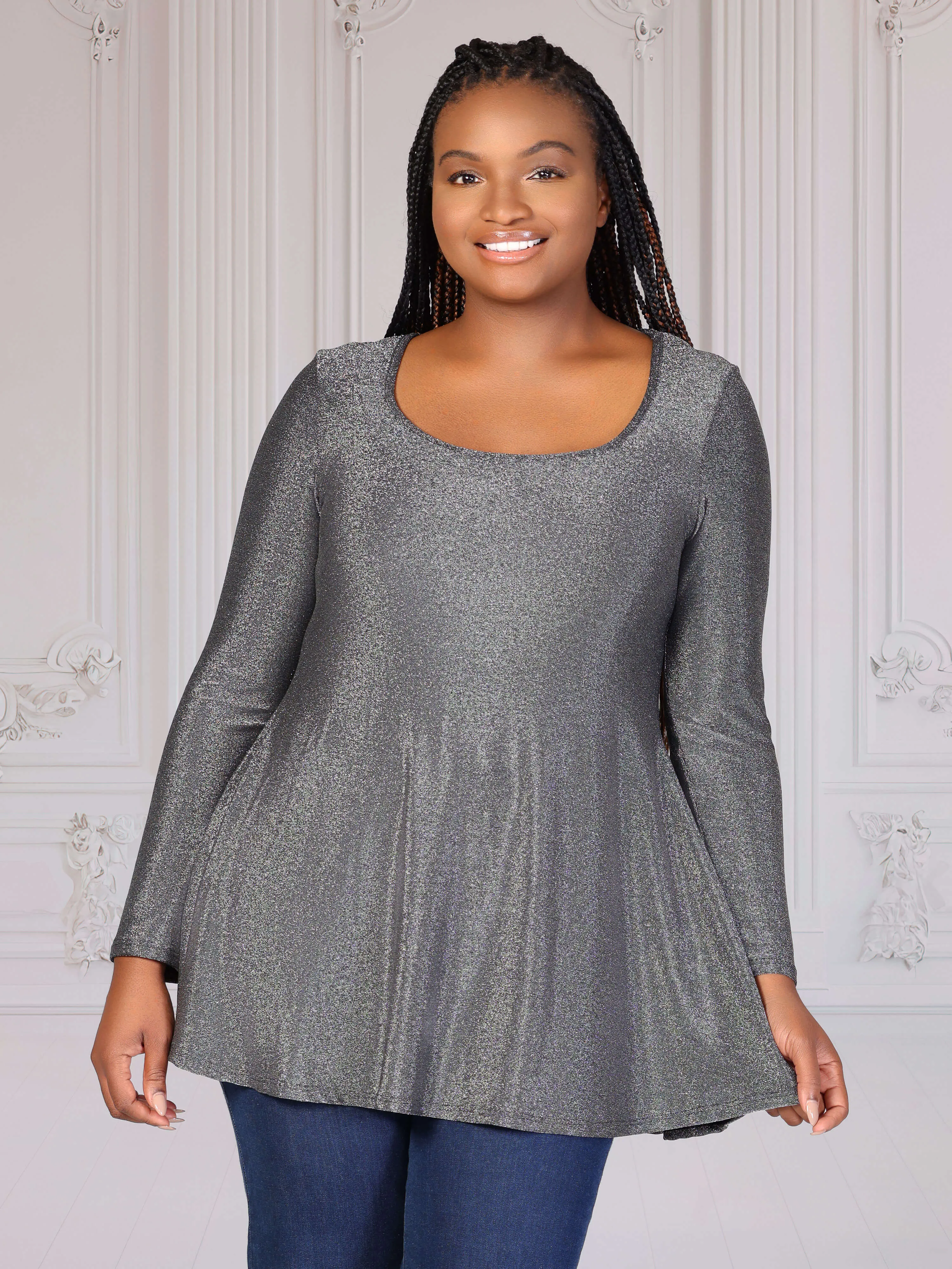 Plus Size Scoop Neck Long Sleeve Shimmery Fabric Tunic Top