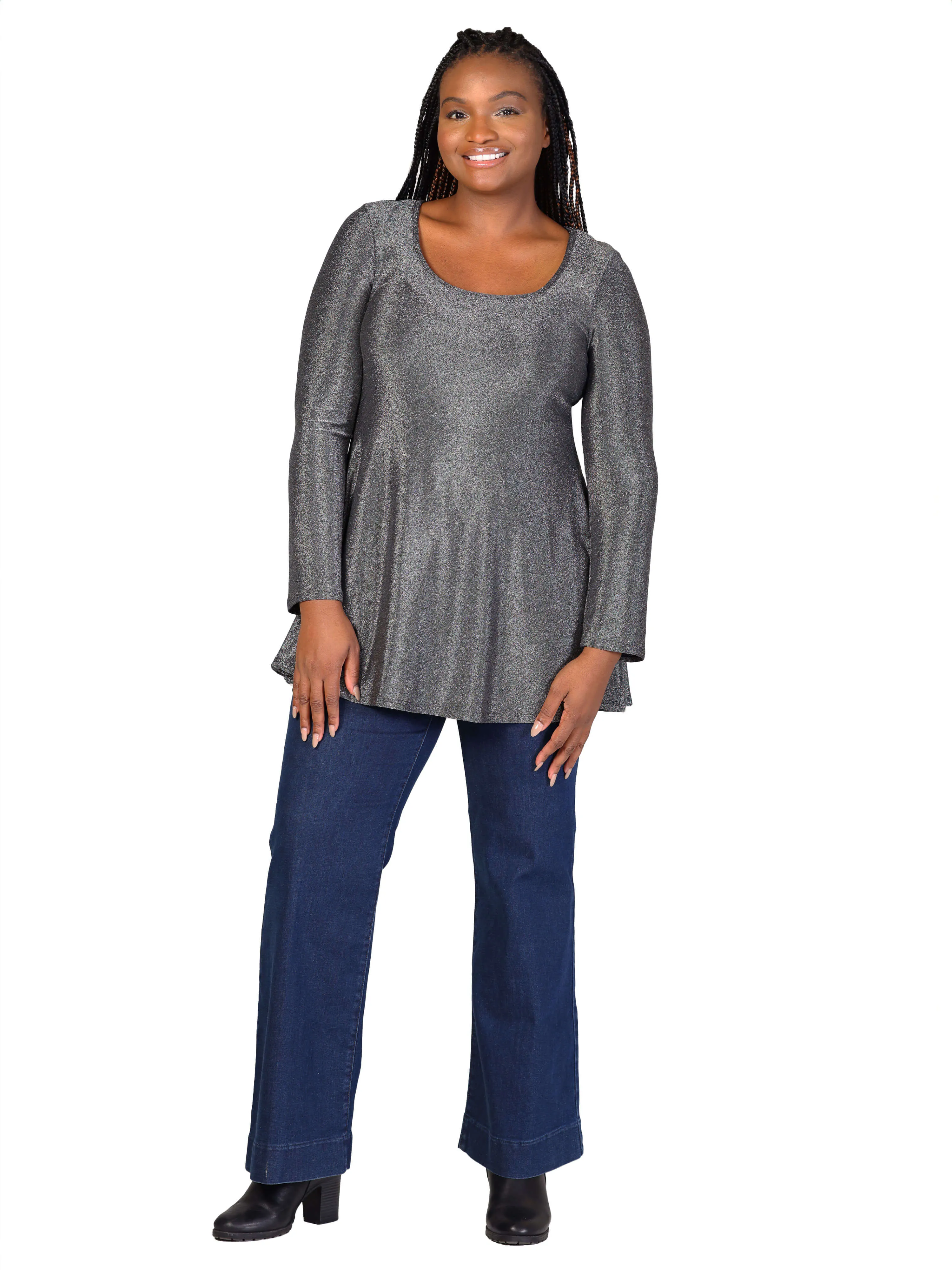 Plus Size Scoop Neck Long Sleeve Shimmery Fabric Tunic Top