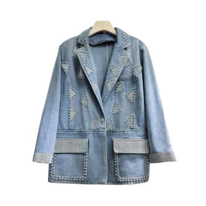 Pre Order:  Triangle Diamond Embroidered Denim Blazer