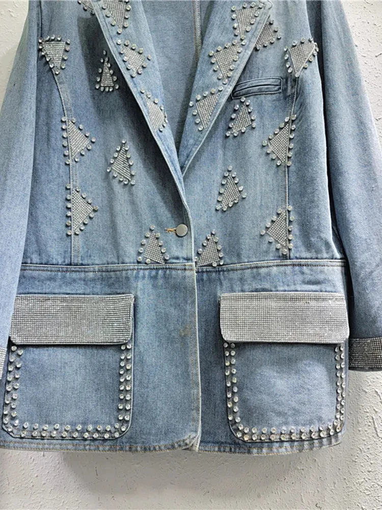 Pre Order:  Triangle Diamond Embroidered Denim Blazer