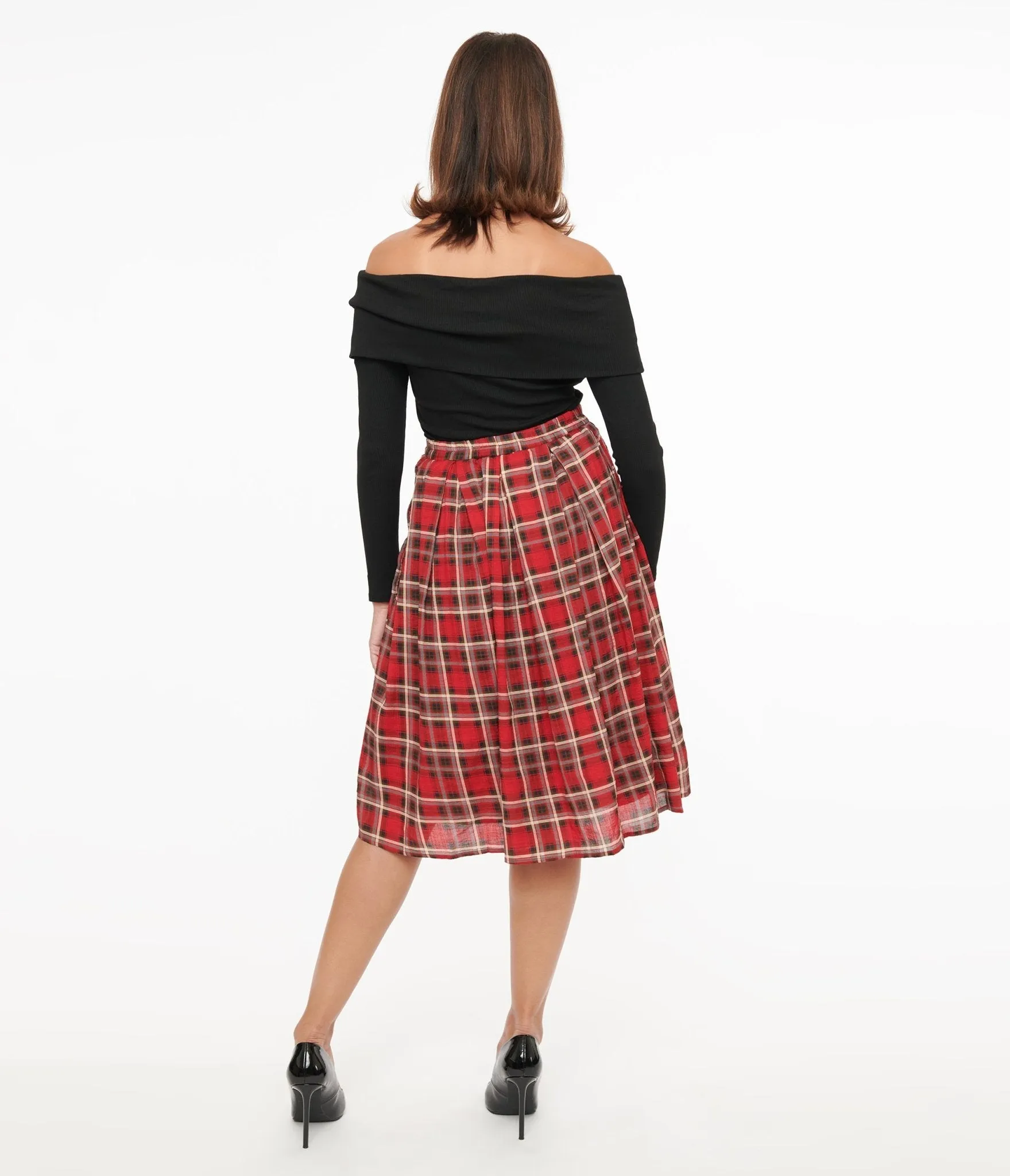 Red Plaid Fit & Flare Cotton Skirt