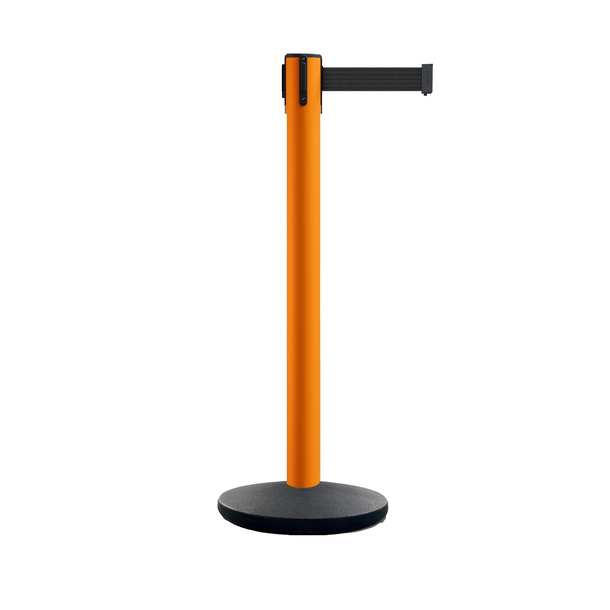 Retractable Belt Barrier Stanchion, Polished Brass Post with Heavy Duty Cast Iron Base, 14 ft Belt – Montour Line MI650