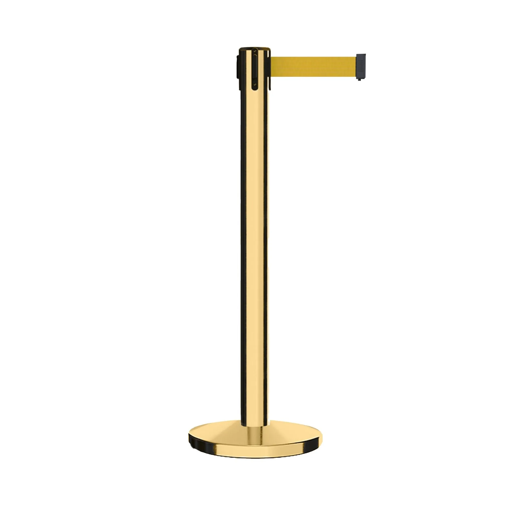 Retractable Belt Barrier Stanchion, Polished Brass Post with Heavy Duty Cast Iron Base, 14 ft Belt – Montour Line MI650