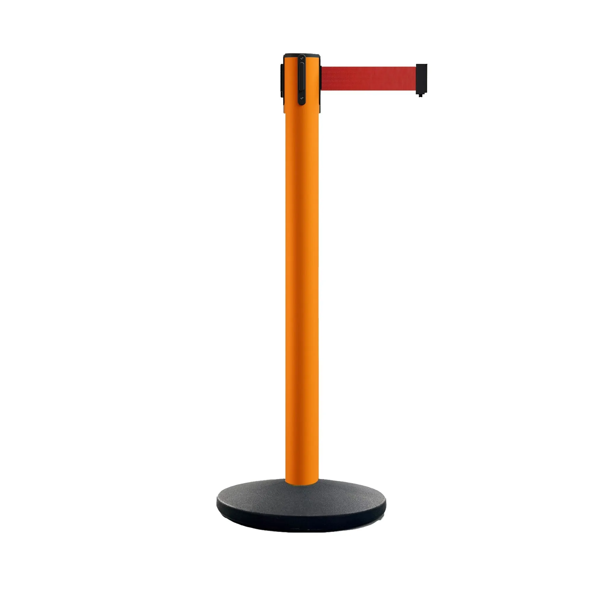 Retractable Belt Barrier Stanchion, Polished Brass Post with Heavy Duty Cast Iron Base, 14 ft Belt – Montour Line MI650