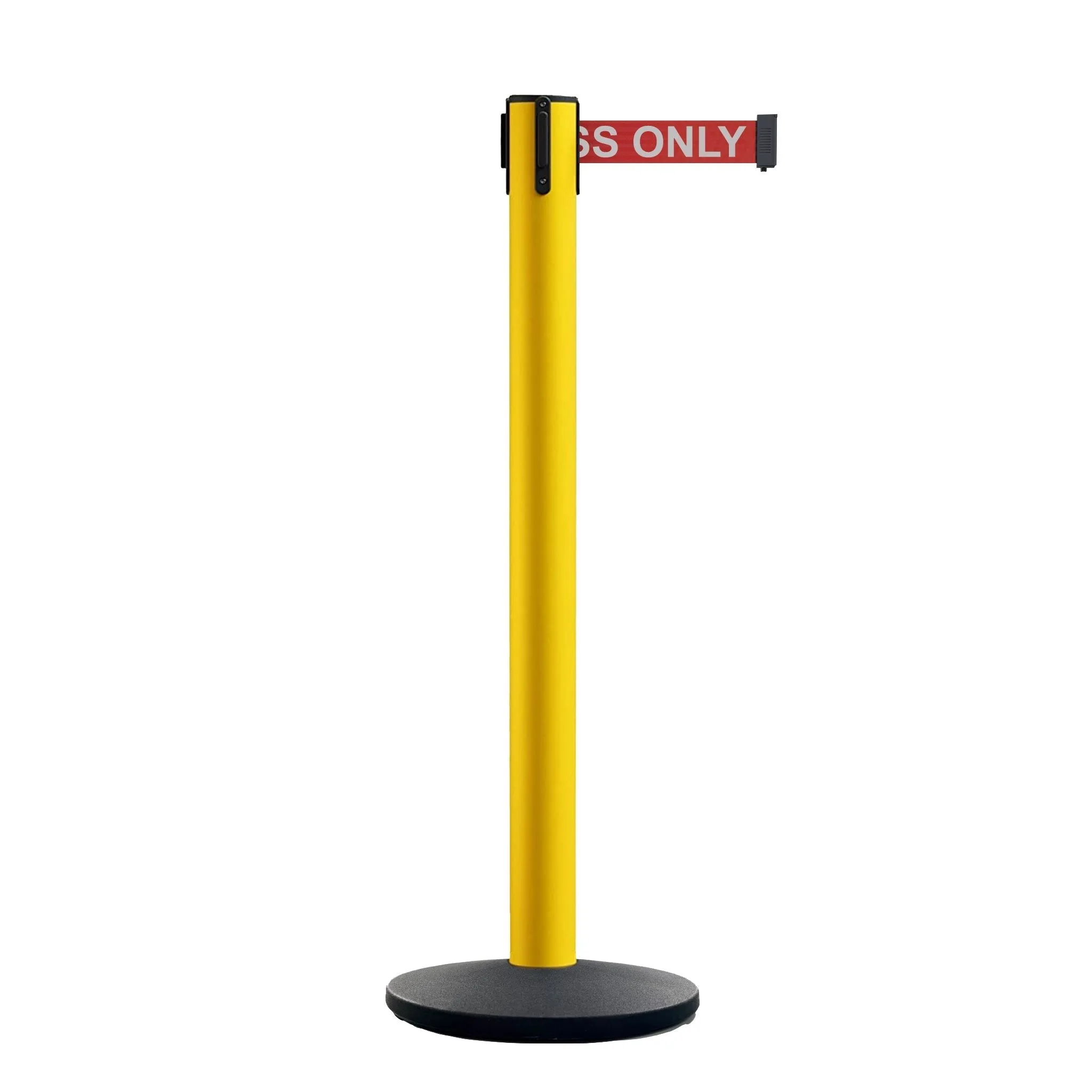 Retractable Belt Barrier Stanchion, Polished Brass Post with Heavy Duty Cast Iron Base, 14 ft Belt – Montour Line MI650