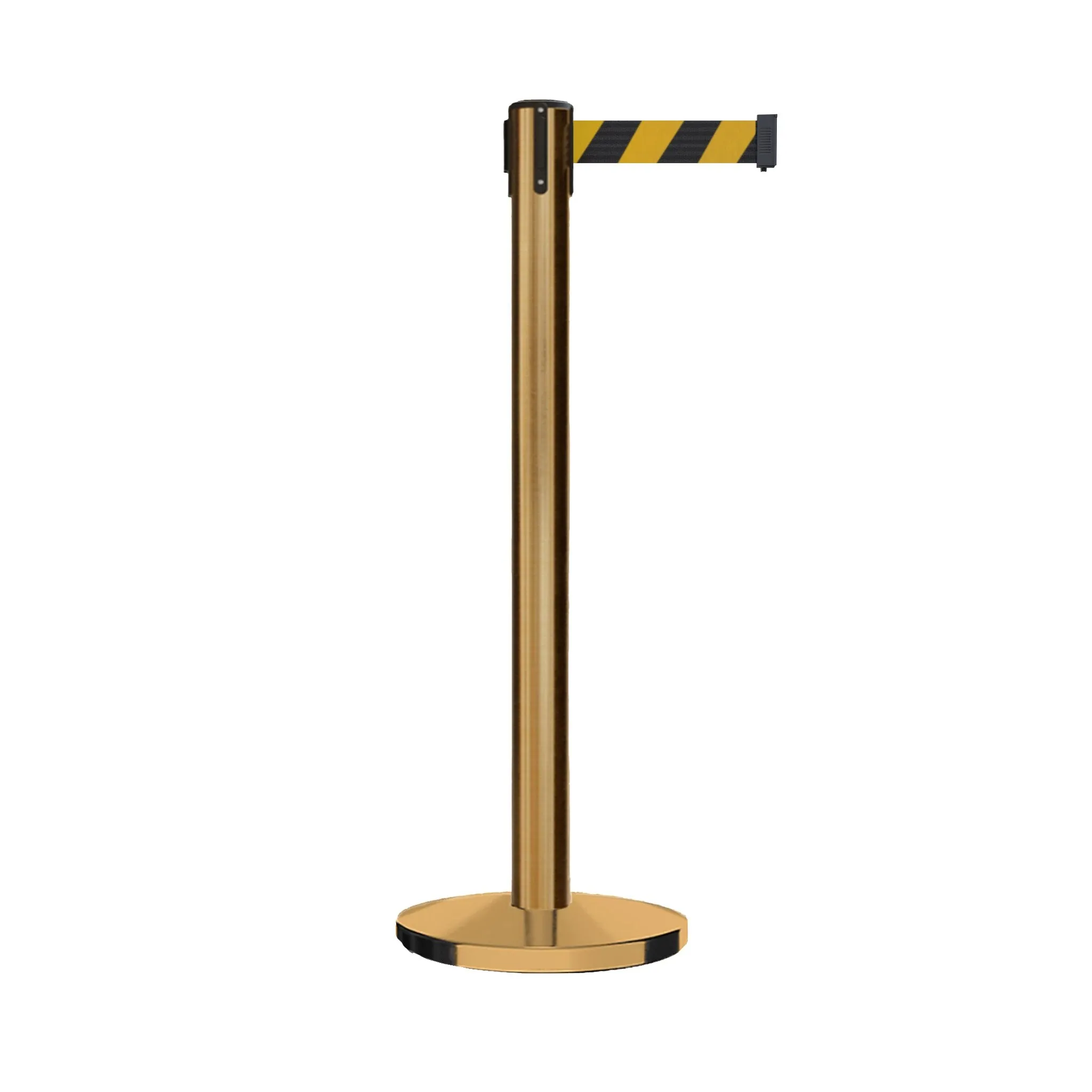 Retractable Belt Barrier Stanchion, Polished Brass Post with Heavy Duty Cast Iron Base, 14 ft Belt – Montour Line MI650