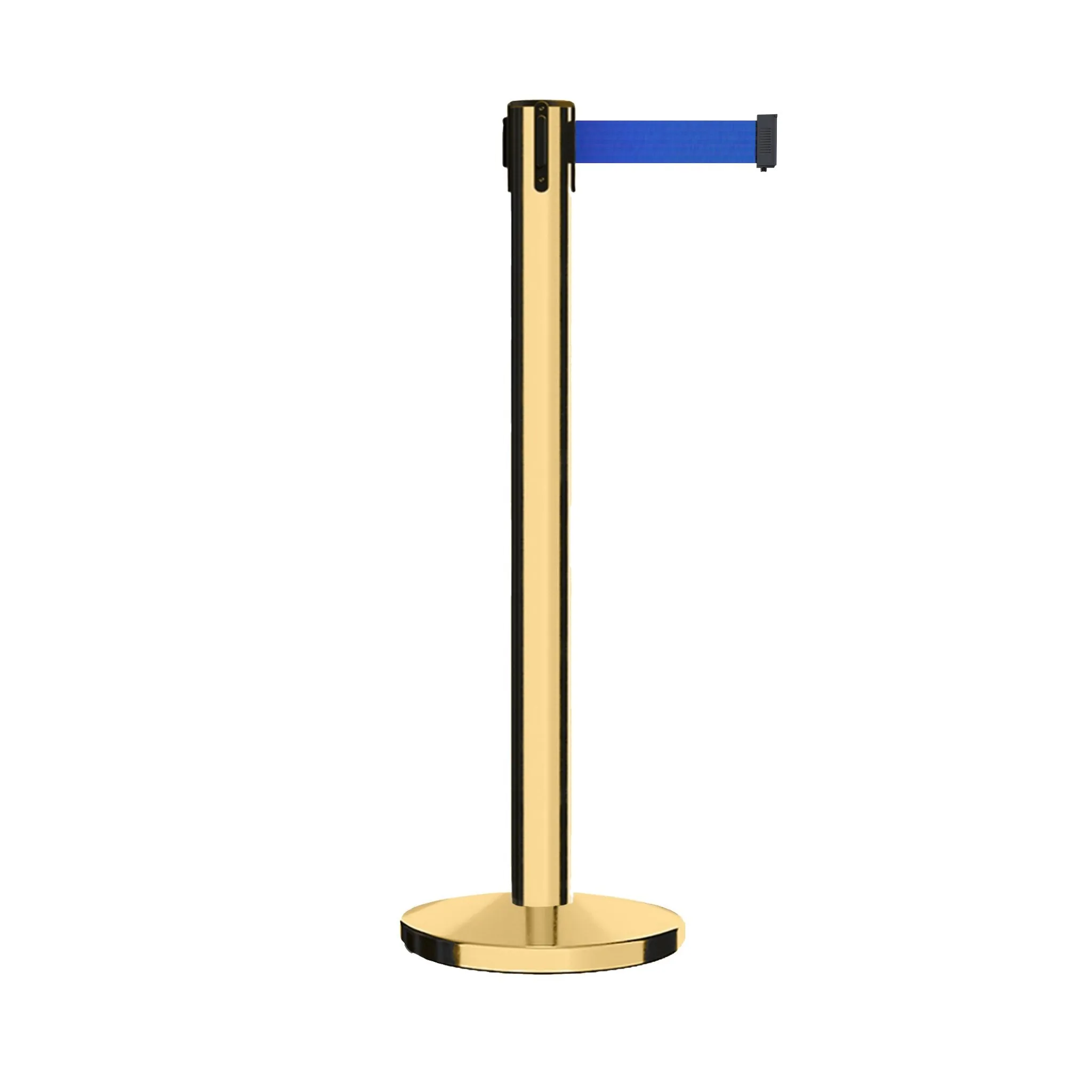 Retractable Belt Barrier Stanchion, Polished Brass Post with Heavy Duty Cast Iron Base, 14 ft Belt – Montour Line MI650