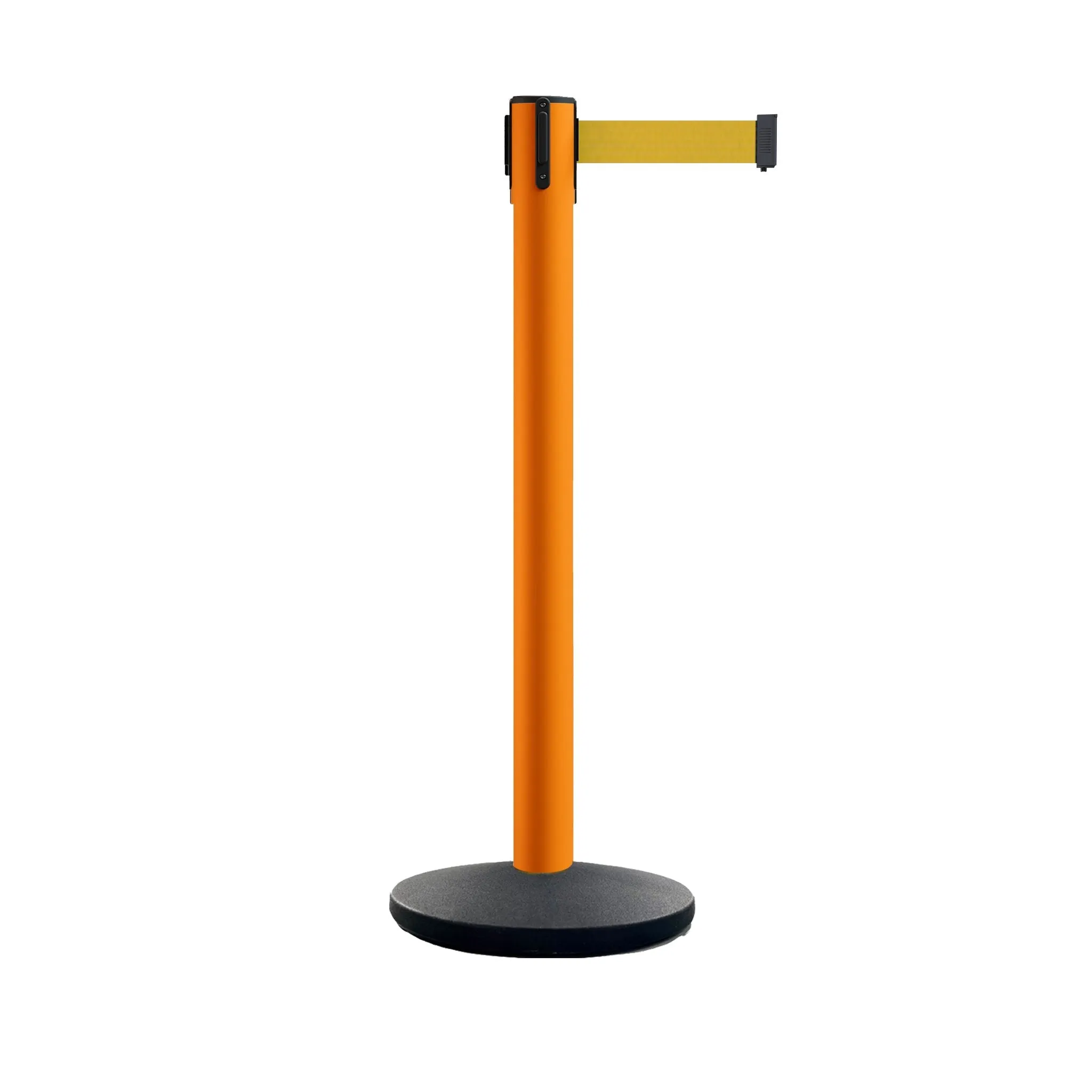 Retractable Belt Barrier Stanchion, Polished Brass Post with Heavy Duty Cast Iron Base, 14 ft Belt – Montour Line MI650