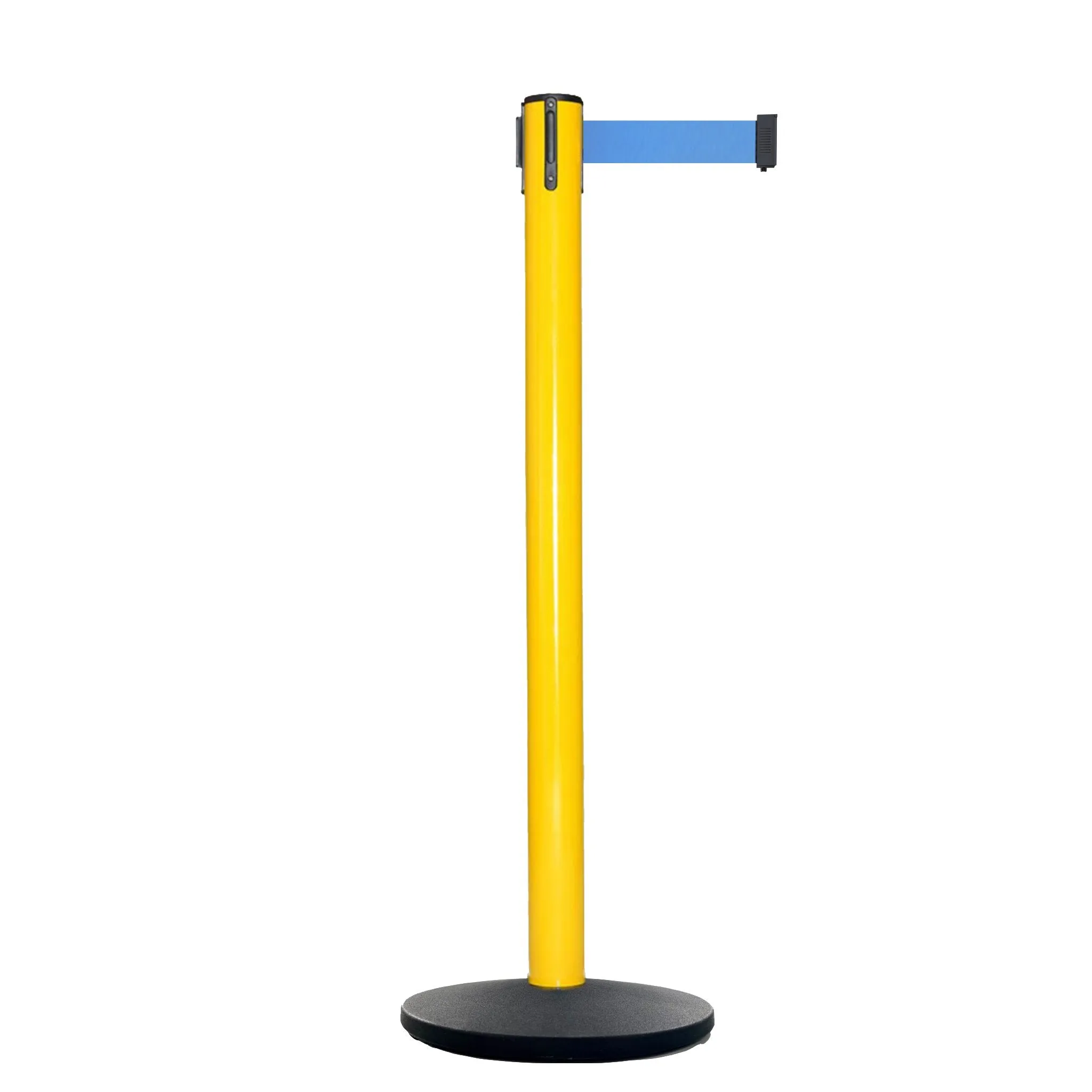 Retractable Belt Barrier Stanchion, Polished Brass Post with Heavy Duty Cast Iron Base, 14 ft Belt – Montour Line MI650