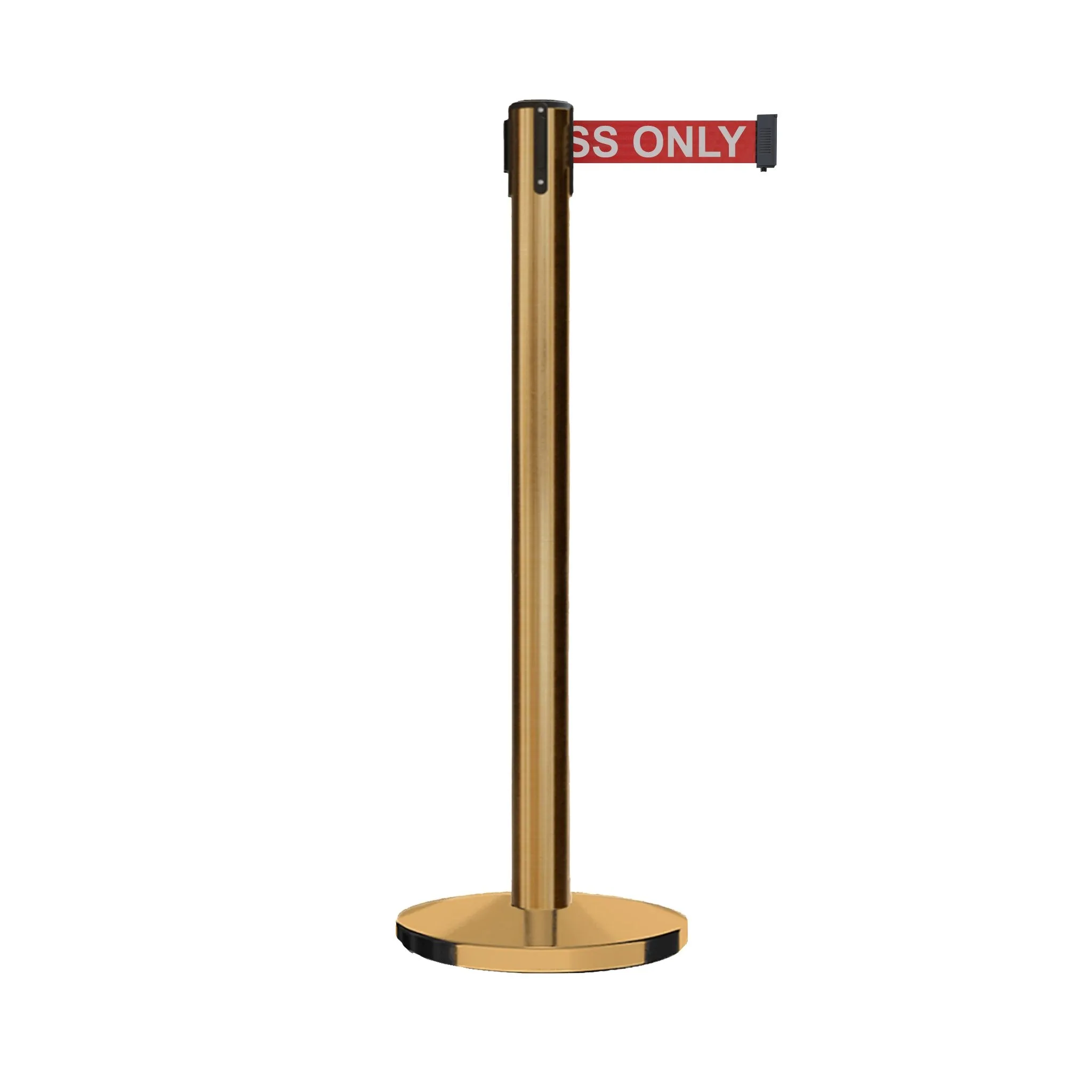 Retractable Belt Barrier Stanchion, Polished Brass Post with Heavy Duty Cast Iron Base, 14 ft Belt – Montour Line MI650