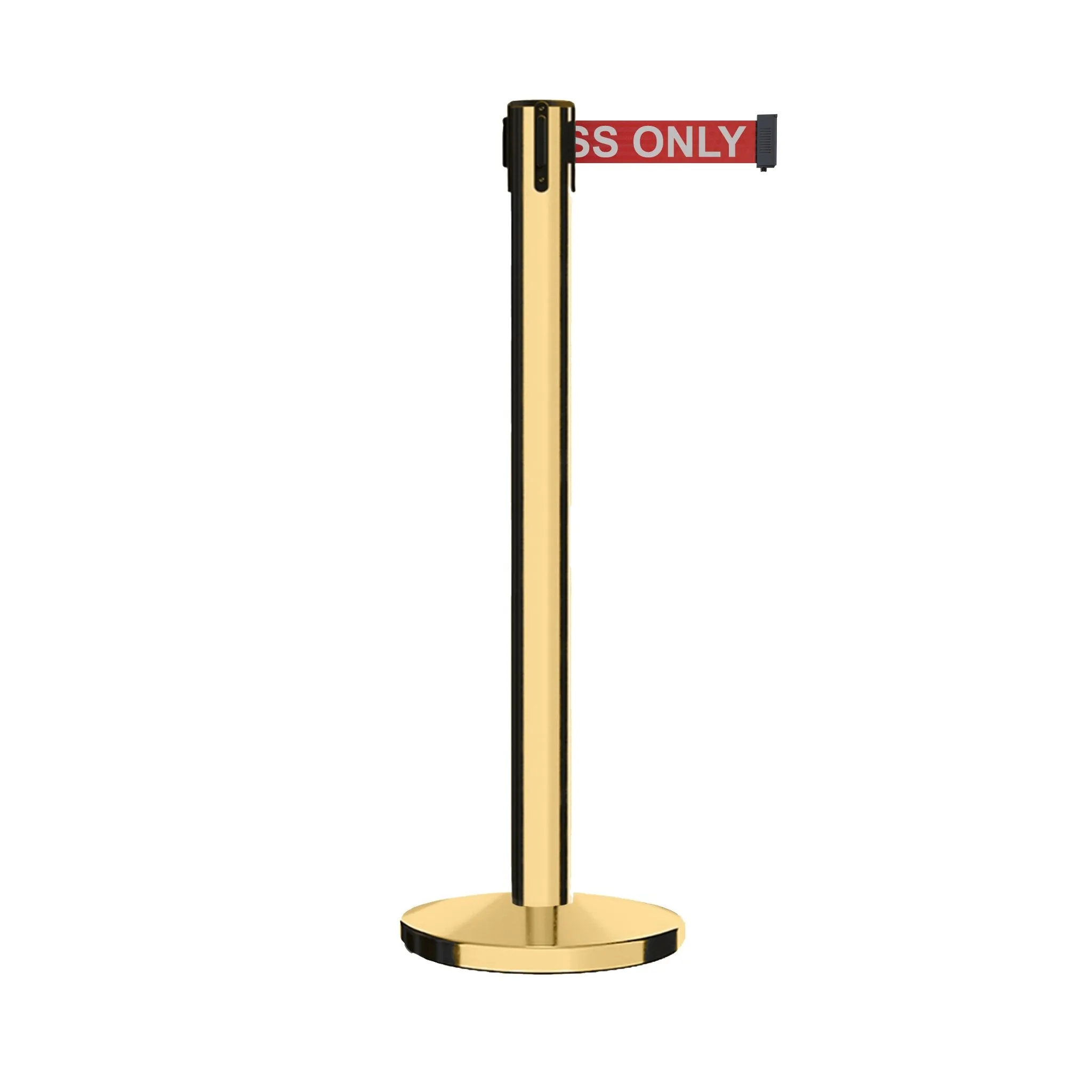 Retractable Belt Barrier Stanchion, Polished Brass Post with Heavy Duty Cast Iron Base, 14 ft Belt – Montour Line MI650