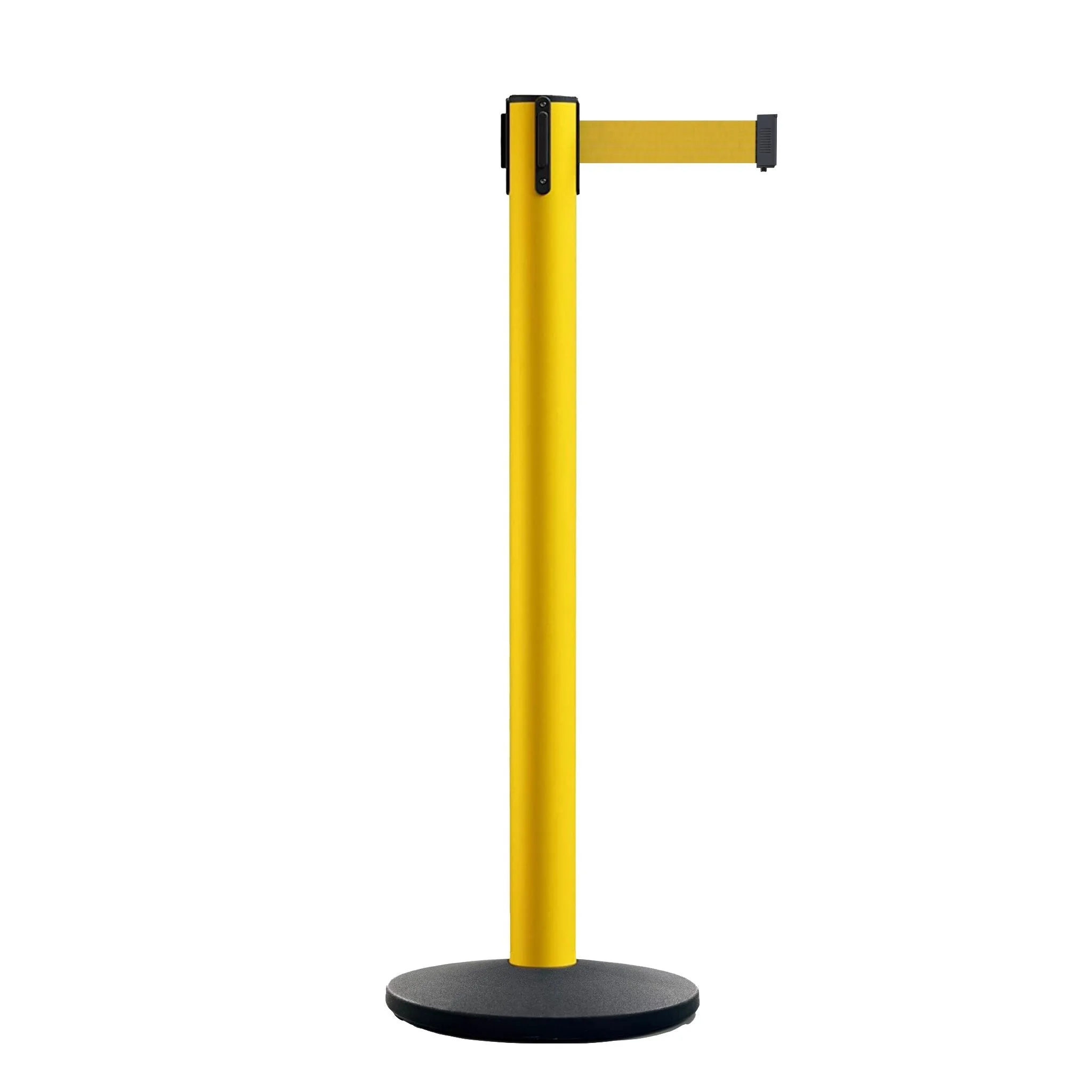 Retractable Belt Barrier Stanchion, Polished Brass Post with Heavy Duty Cast Iron Base, 14 ft Belt – Montour Line MI650