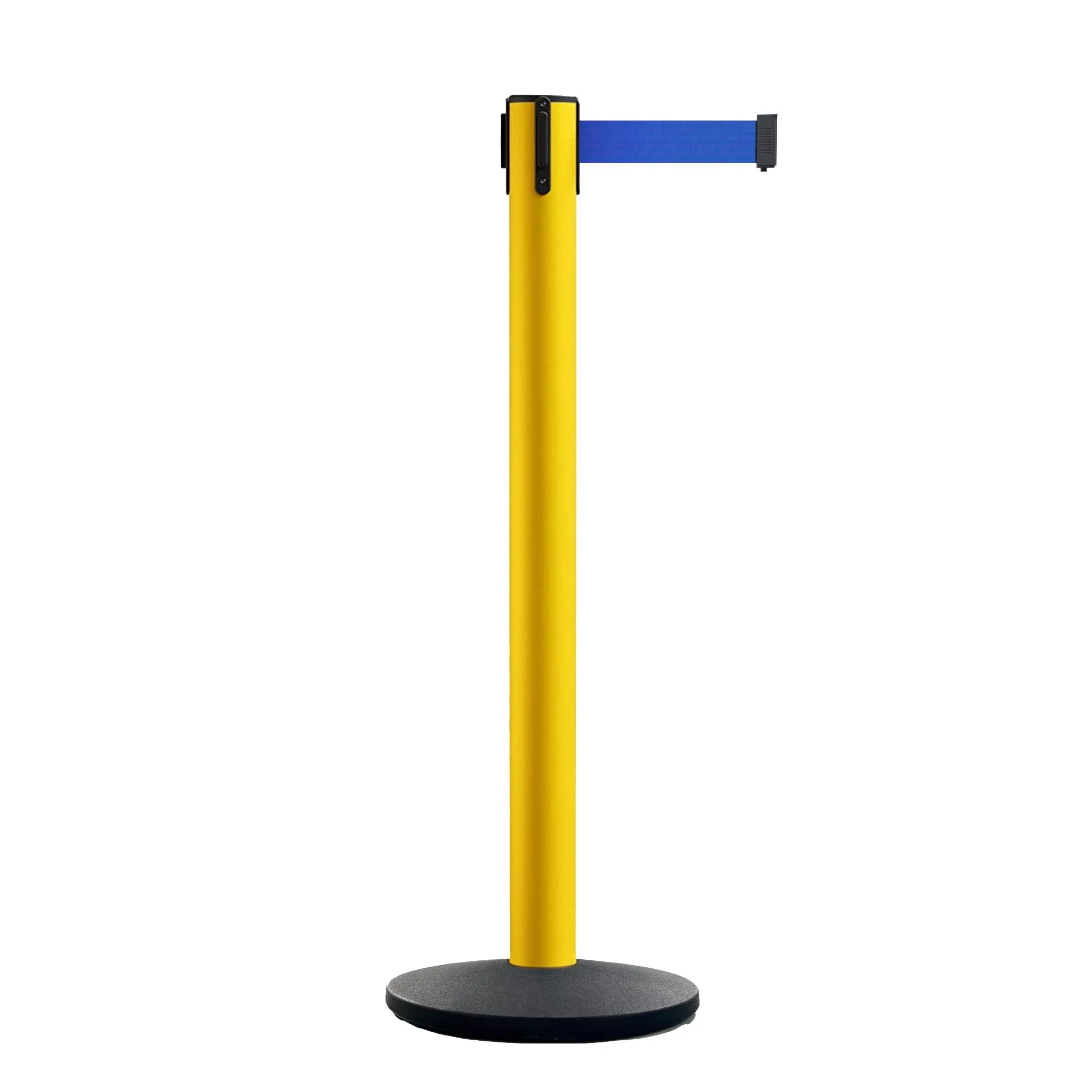 Retractable Belt Barrier Stanchion, Polished Brass Post with Heavy Duty Cast Iron Base, 14 ft Belt – Montour Line MI650