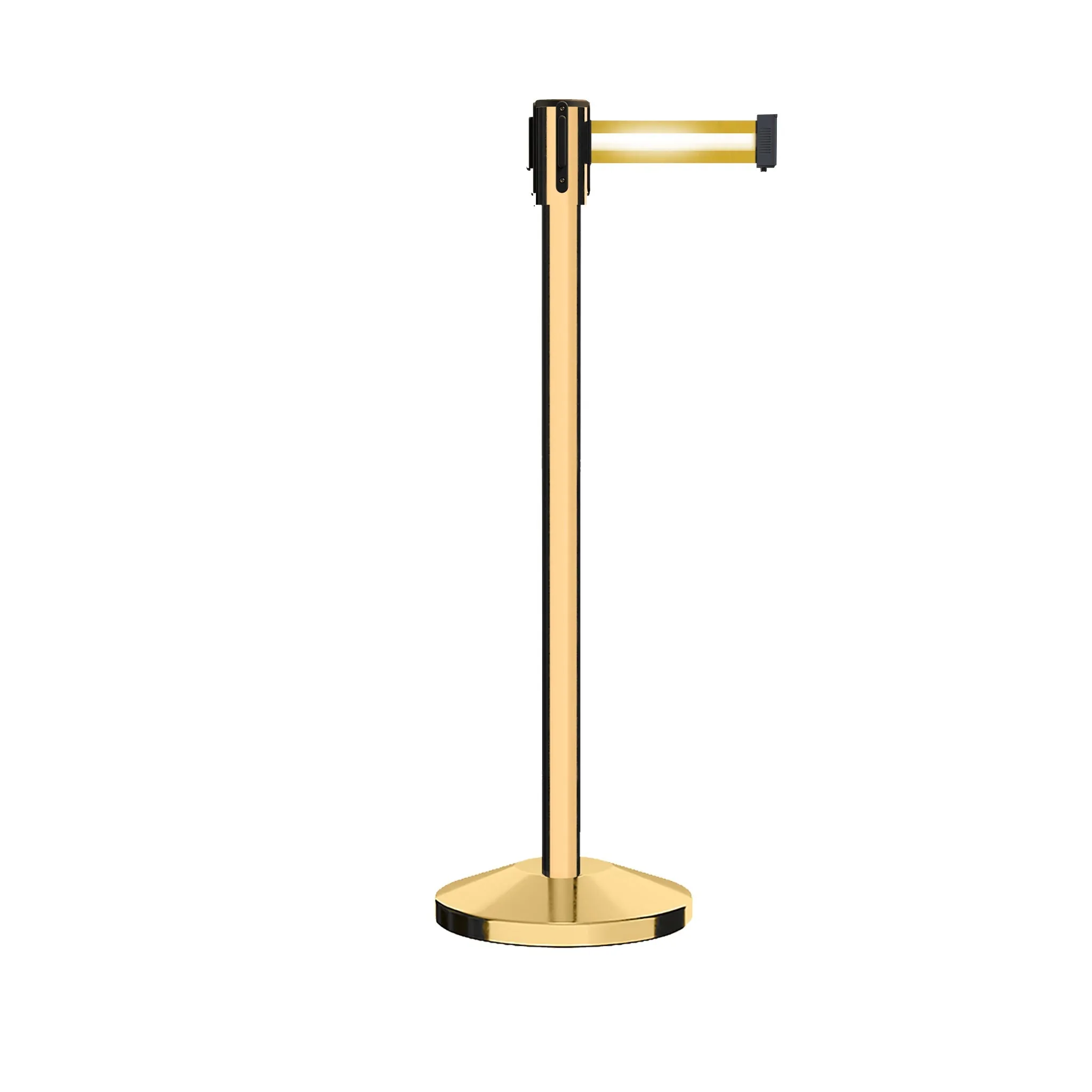 Retractable Belt Barrier Stanchion, Sloped Base, Polished Brass Post, 13 ft Belt - Montour Line M530