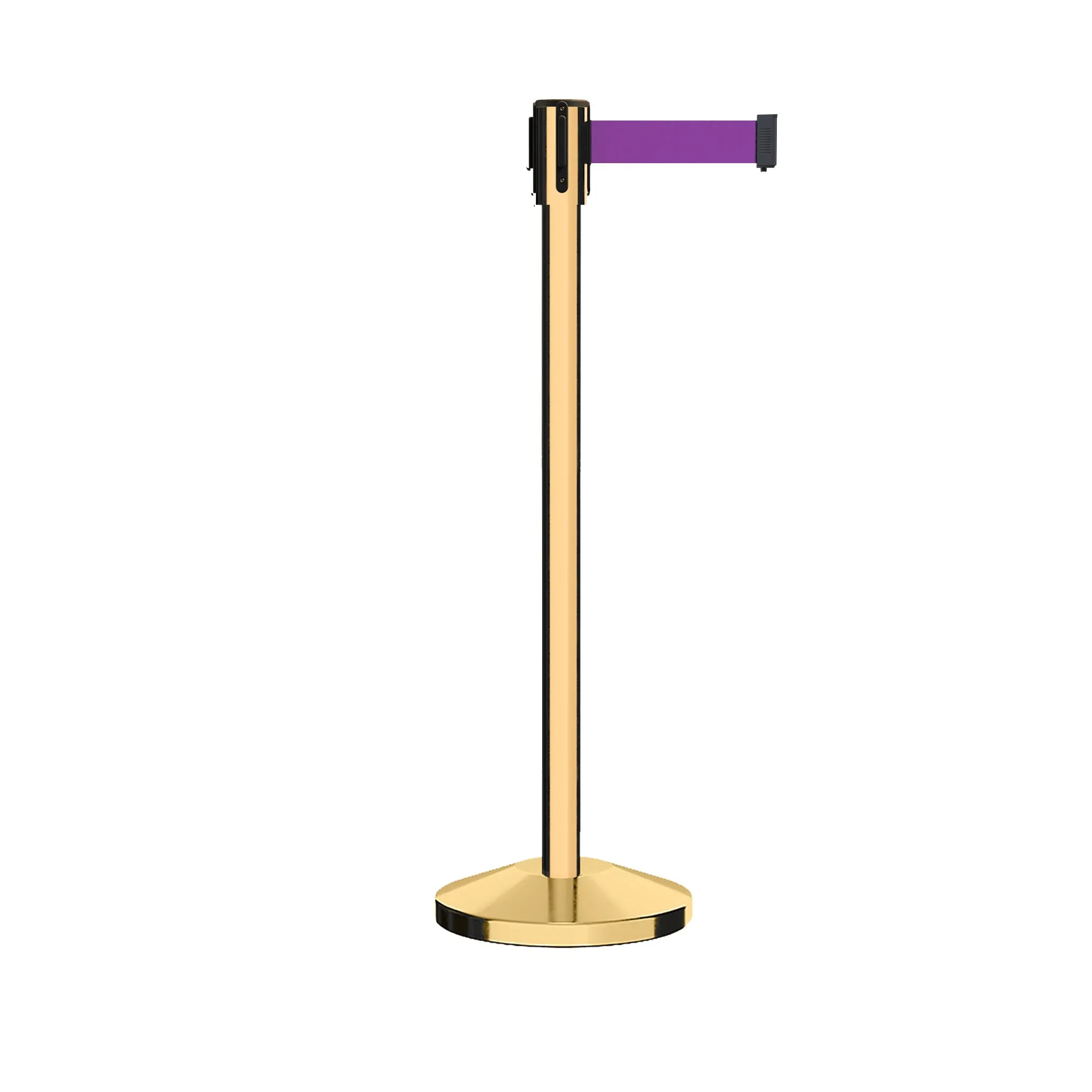 Retractable Belt Barrier Stanchion, Sloped Base, Polished Brass Post, 13 ft Belt - Montour Line M530