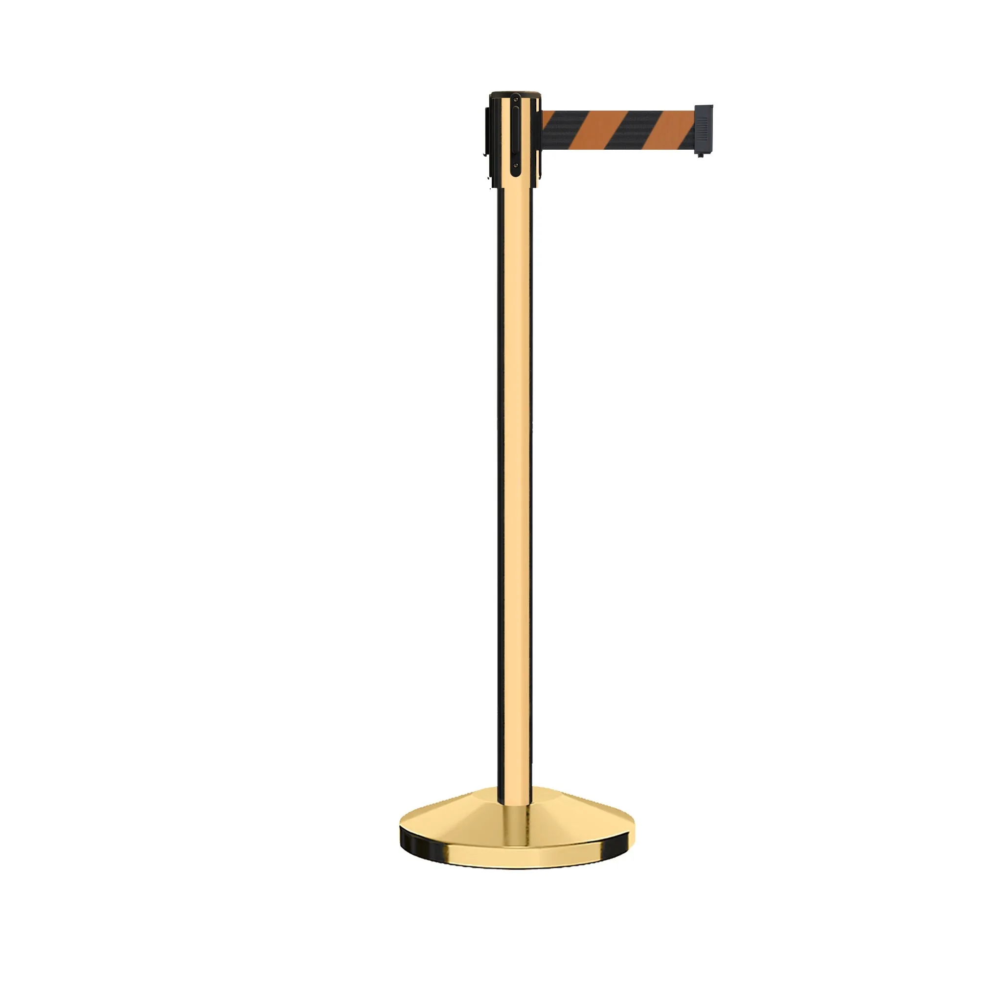 Retractable Belt Barrier Stanchion, Sloped Base, Polished Brass Post, 13 ft Belt - Montour Line M530