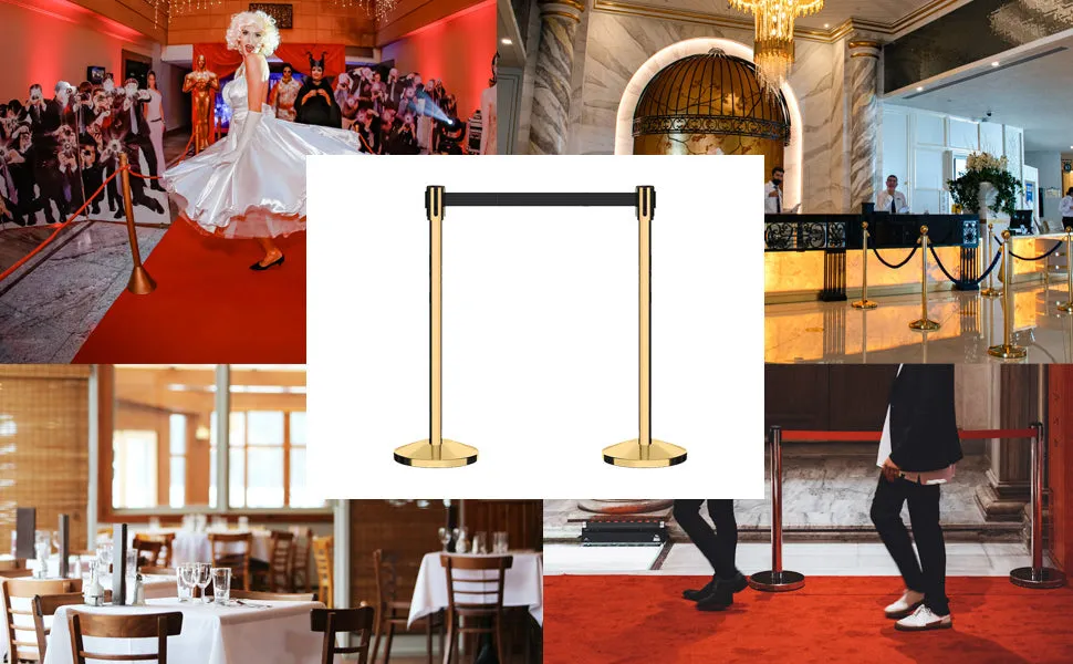 Retractable Belt Barrier Stanchion, Sloped Base, Polished Brass Post, 13 ft Belt - Montour Line M530