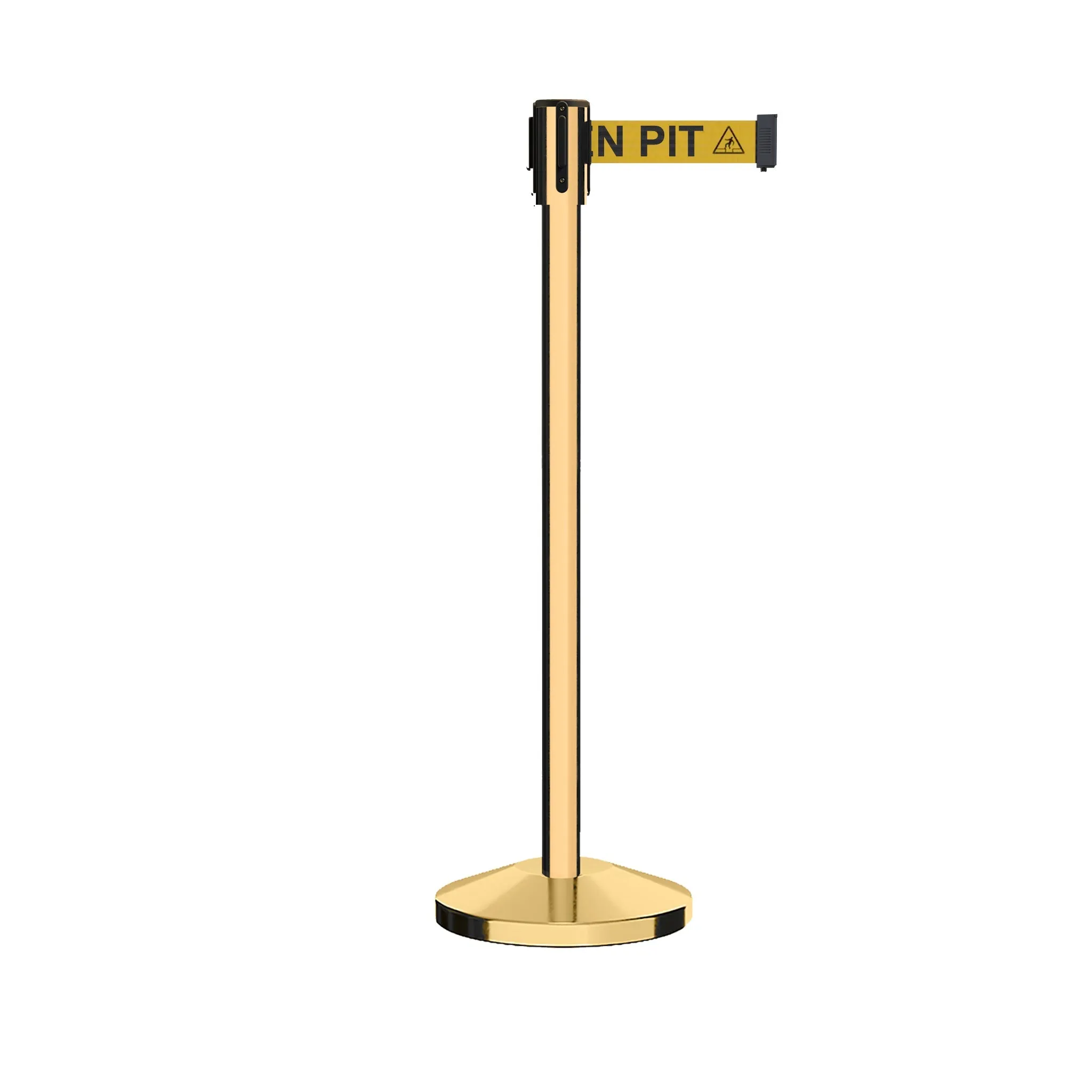 Retractable Belt Barrier Stanchion, Sloped Base, Polished Brass Post, 13 ft Belt - Montour Line M530