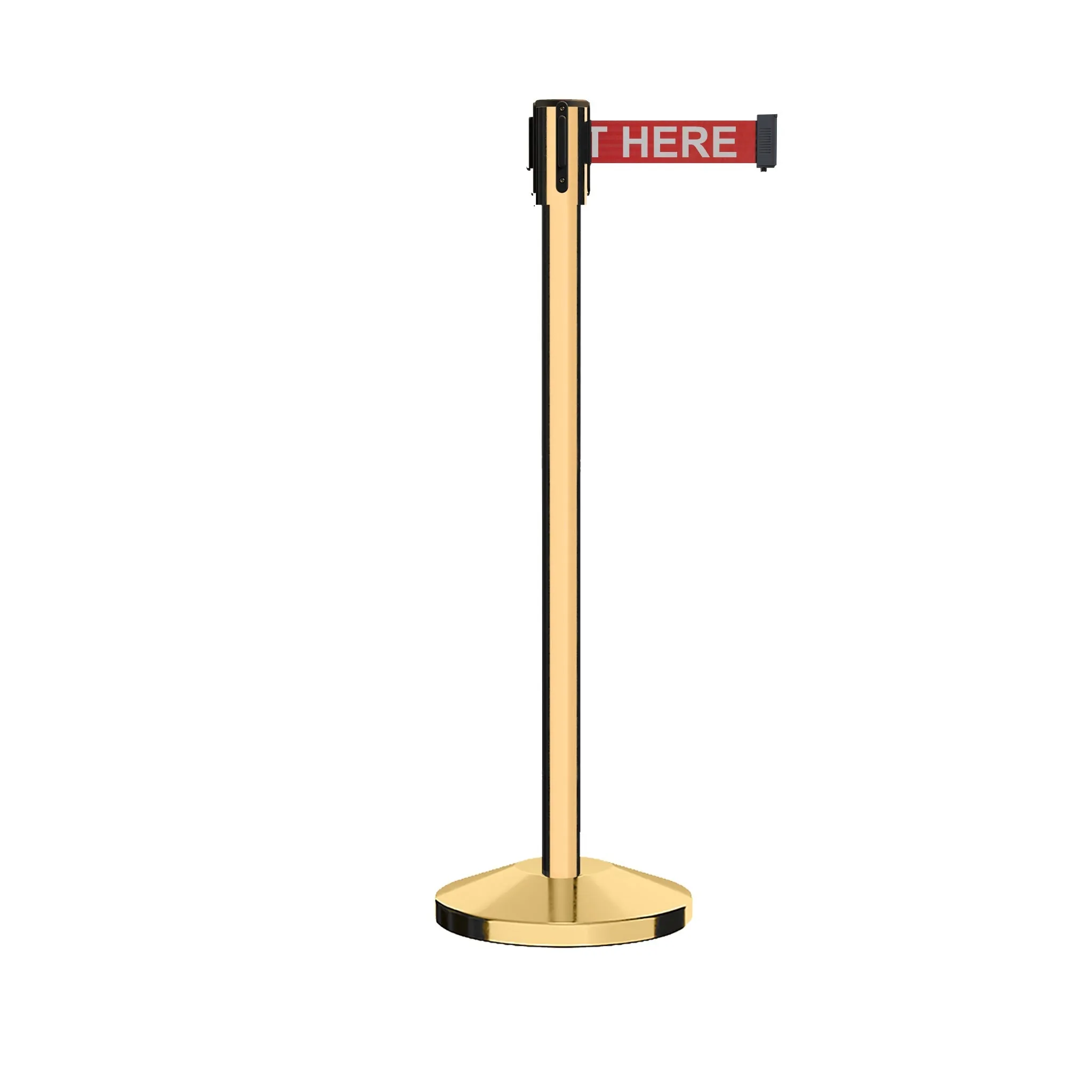 Retractable Belt Barrier Stanchion, Sloped Base, Polished Brass Post, 13 ft Belt - Montour Line M530