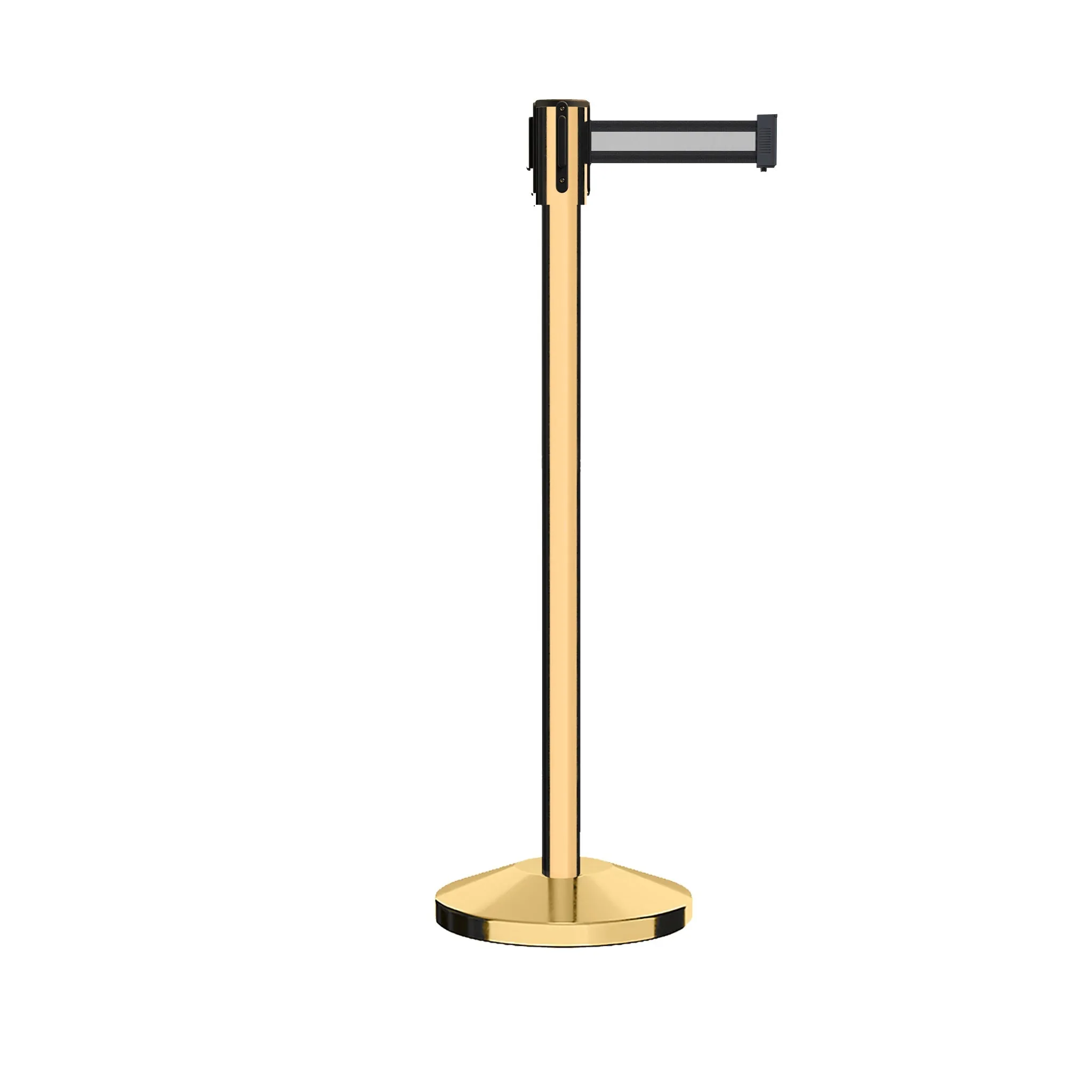 Retractable Belt Barrier Stanchion, Sloped Base, Polished Brass Post, 13 ft Belt - Montour Line M530