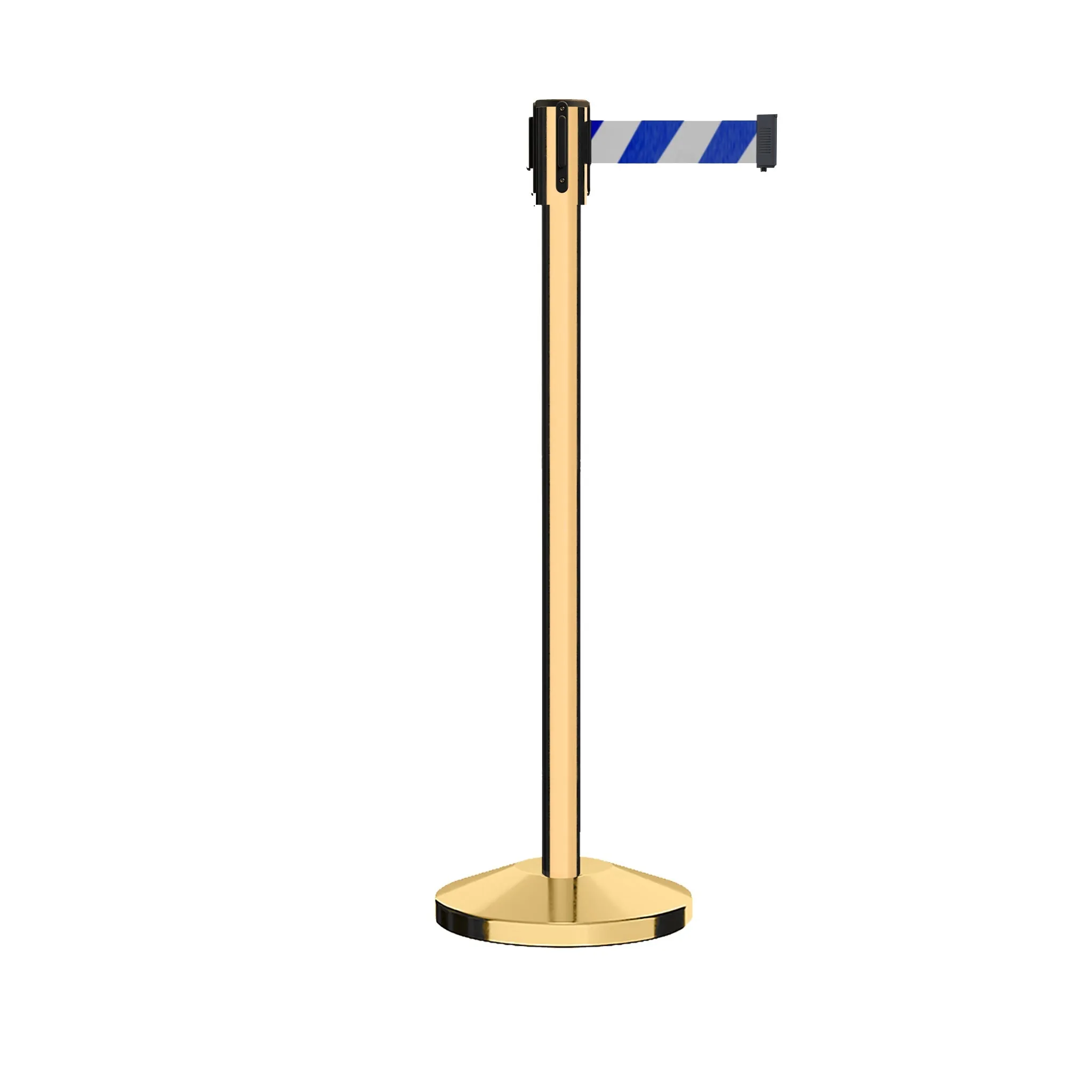 Retractable Belt Barrier Stanchion, Sloped Base, Polished Brass Post, 13 ft Belt - Montour Line M530