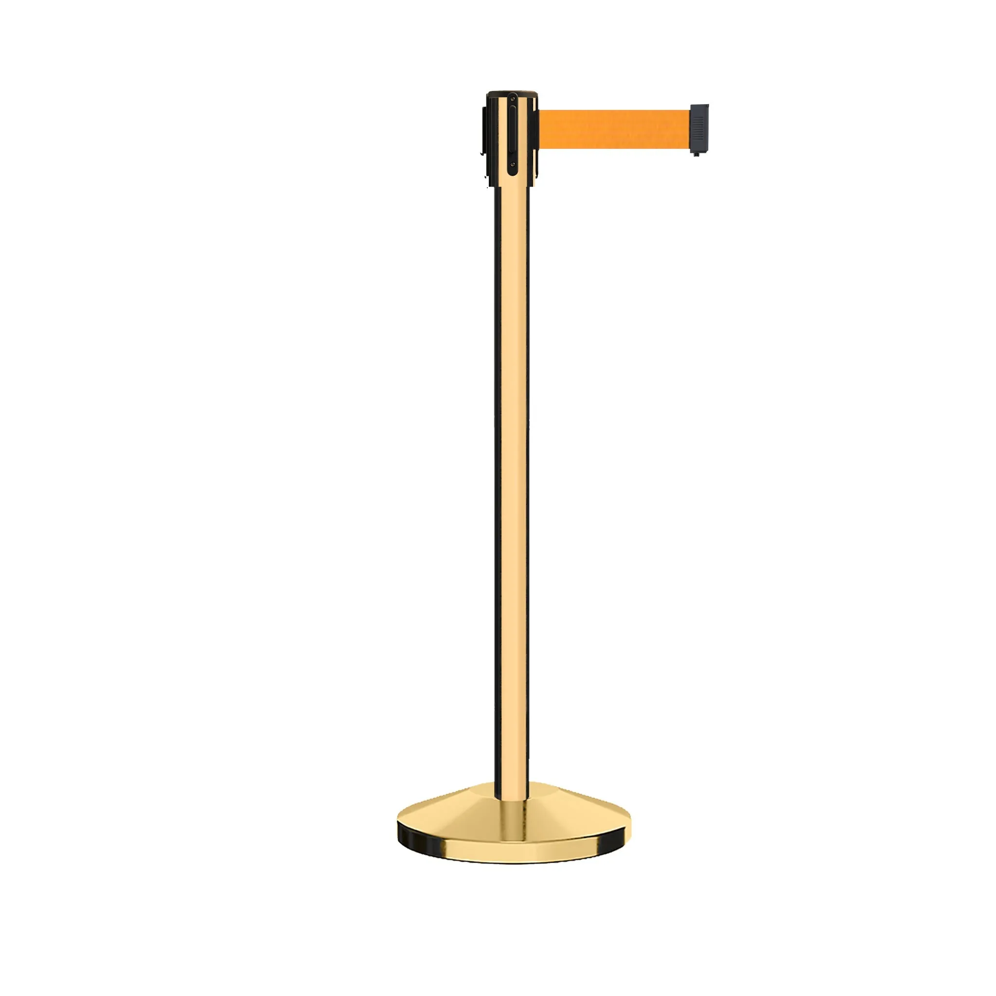 Retractable Belt Barrier Stanchion, Sloped Base, Polished Brass Post, 13 ft Belt - Montour Line M530