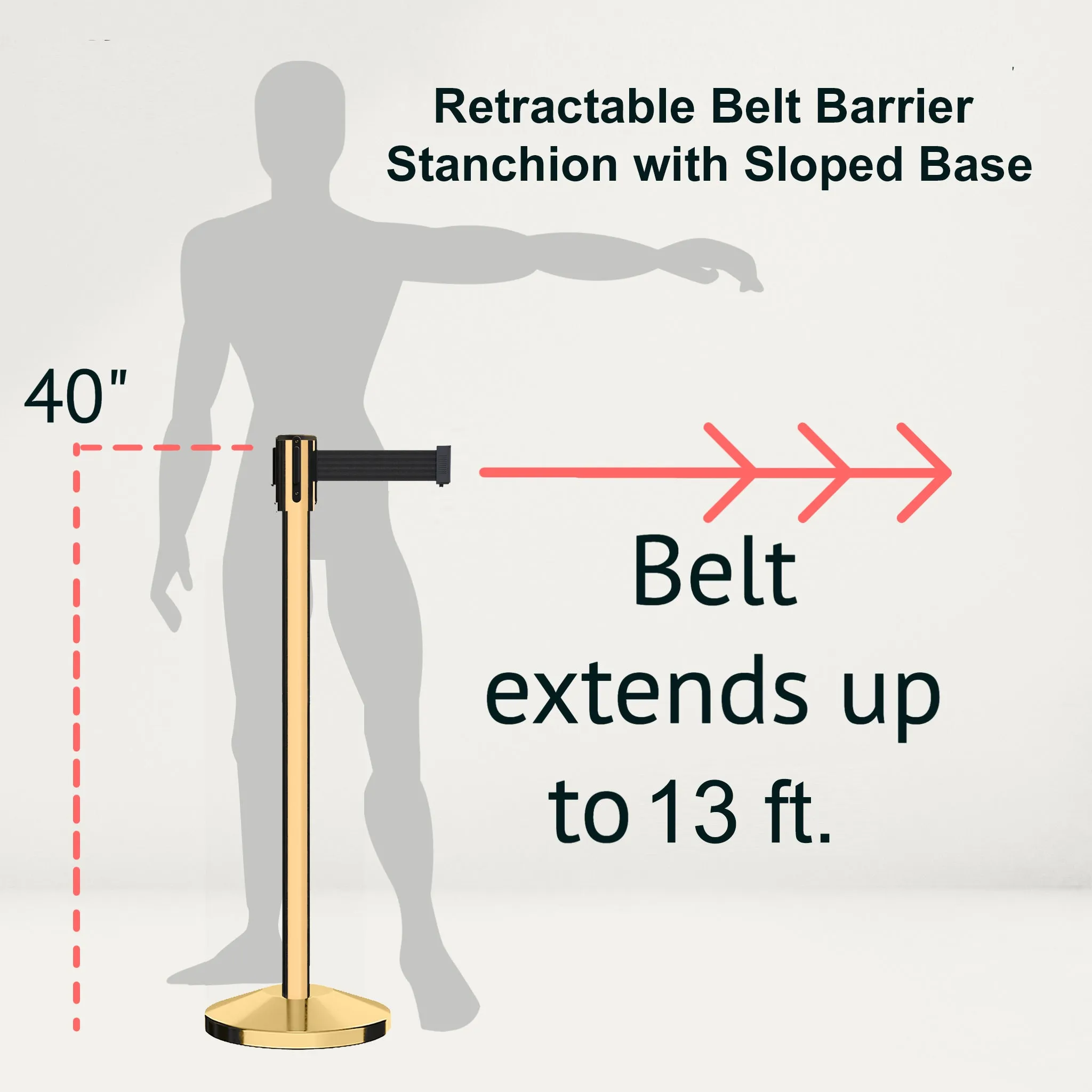 Retractable Belt Barrier Stanchion, Sloped Base, Polished Brass Post, 13 ft Belt - Montour Line M530