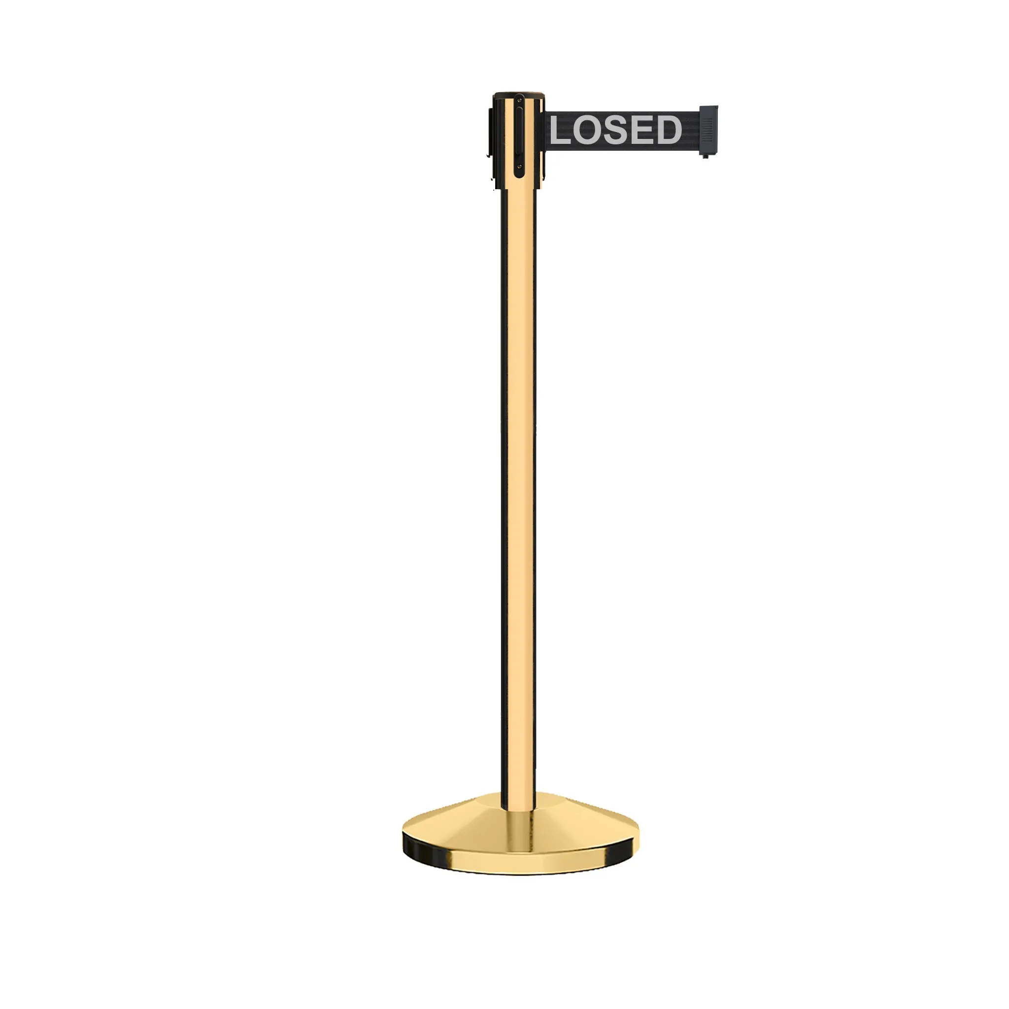 Retractable Belt Barrier Stanchion, Sloped Base, Polished Brass Post, 9 ft Belt - Montour Line M530