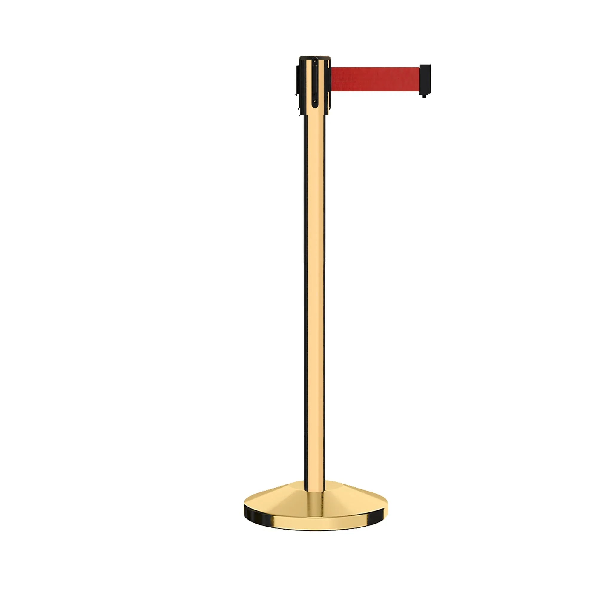 Retractable Belt Barrier Stanchion, Sloped Base, Polished Brass Post, 9 ft Belt - Montour Line M530