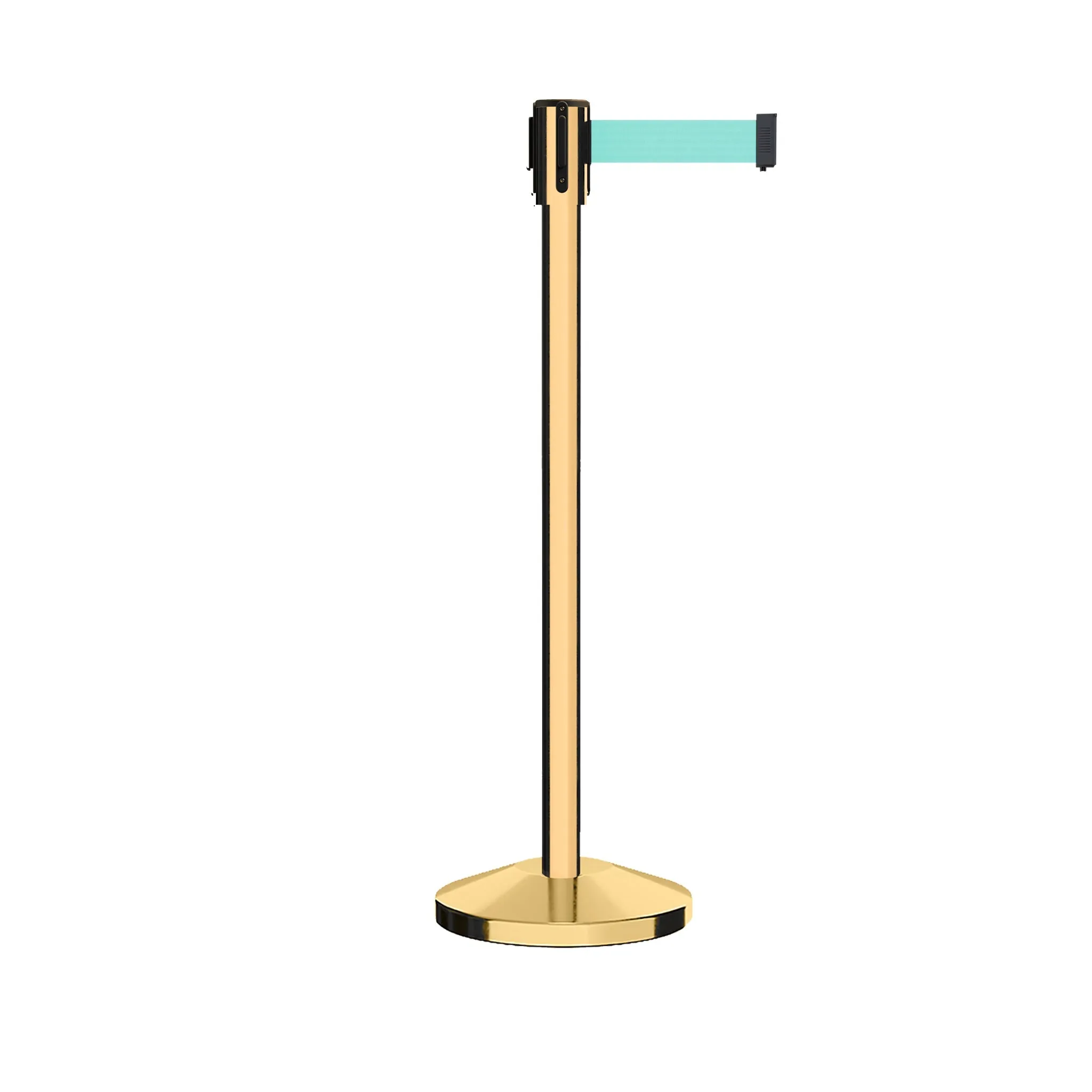 Retractable Belt Barrier Stanchion, Sloped Base, Polished Brass Post, 9 ft Belt - Montour Line M530