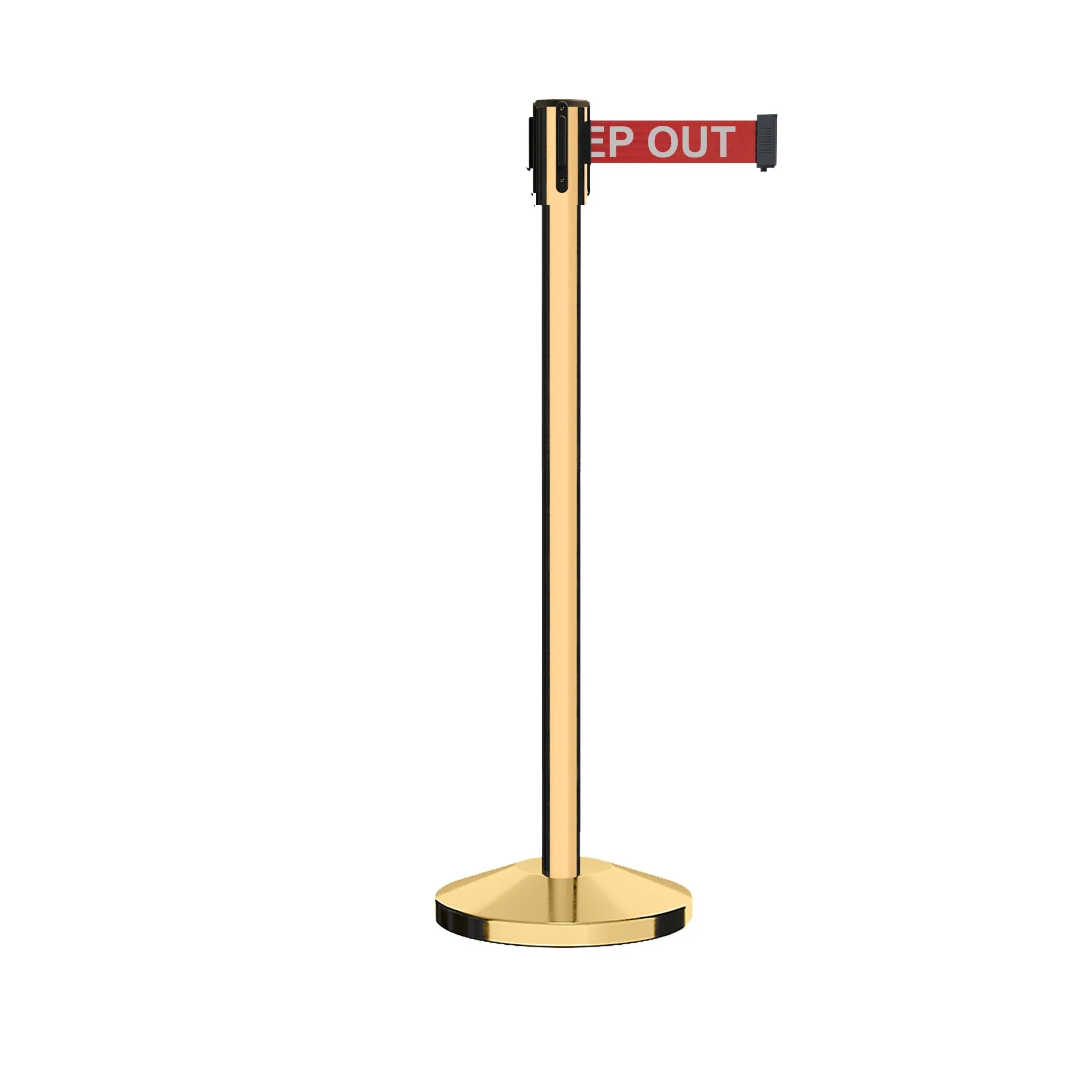 Retractable Belt Barrier Stanchion, Sloped Base, Polished Brass Post, 9 ft Belt - Montour Line M530